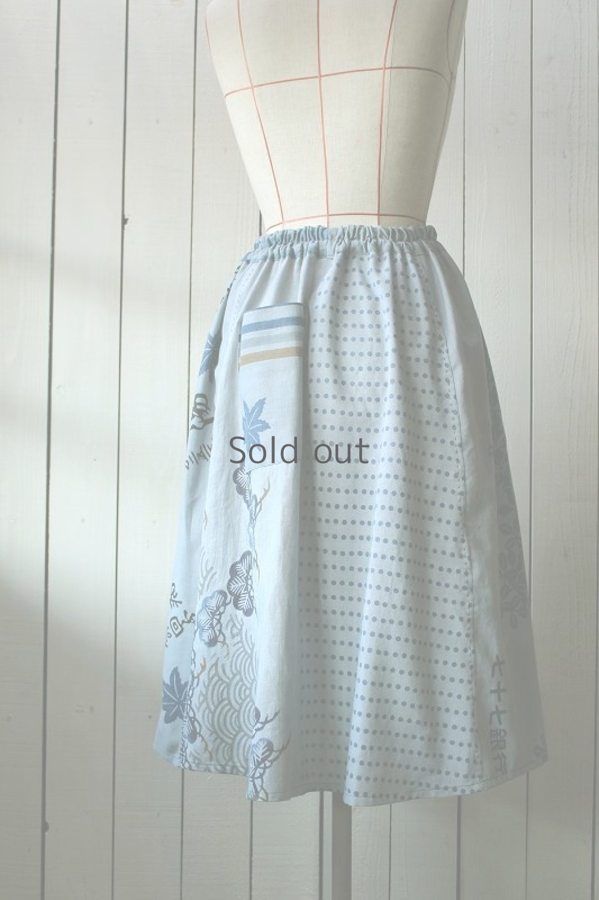 画像3: 【ササキチホ】昭和の手ぬぐい　パッチワークスカート（手染め：青ねずみ色） (3)