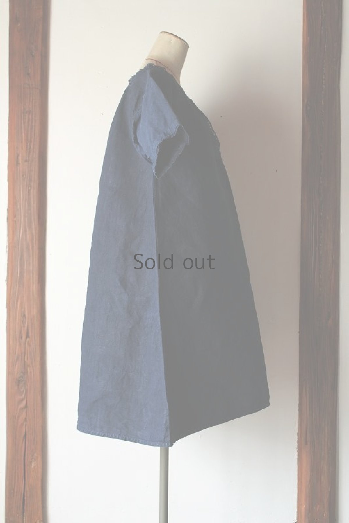 画像4: 【フランス】アンティークリネン×染　半袖ワンピース（青藍色） (4)