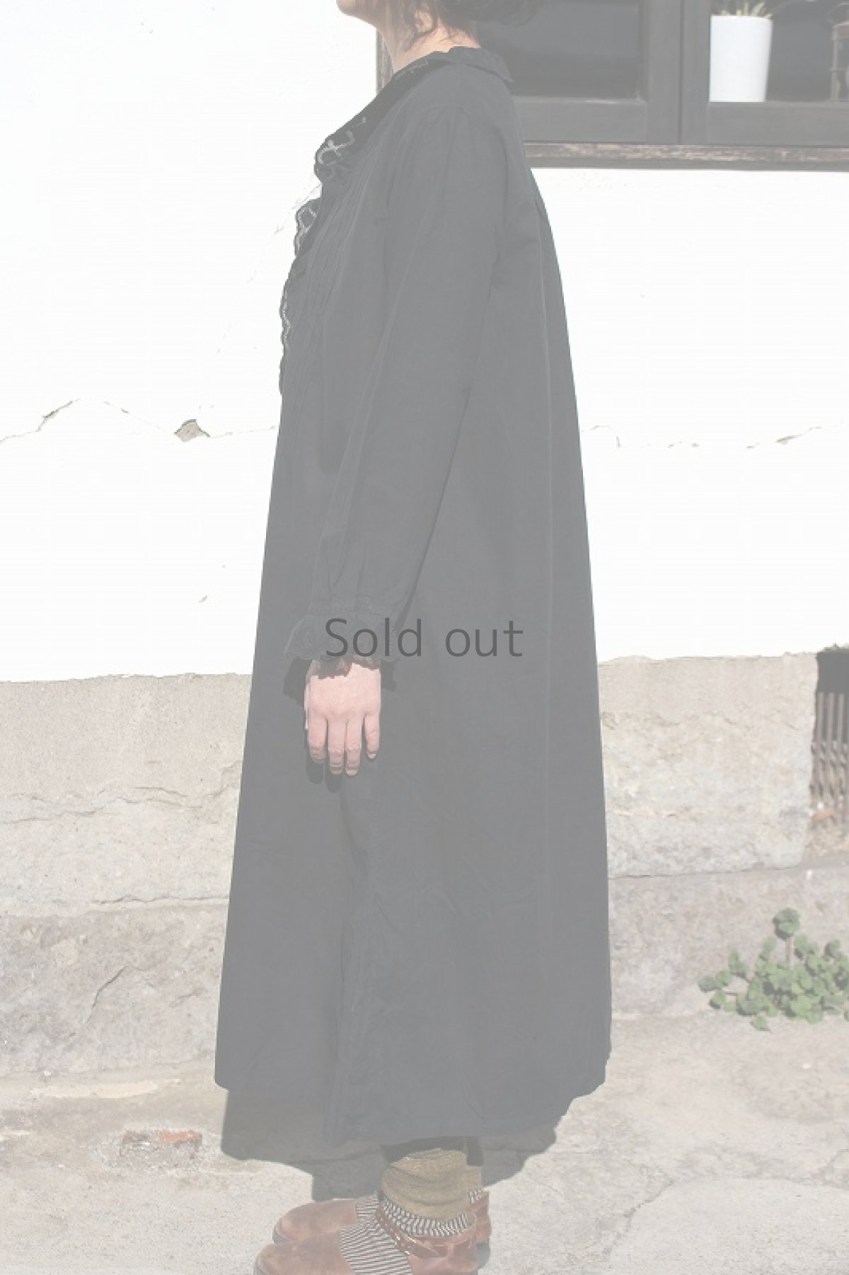 画像3: 【フランス】アンティークコットン×染　長袖ロングワンピース（黒） (3)