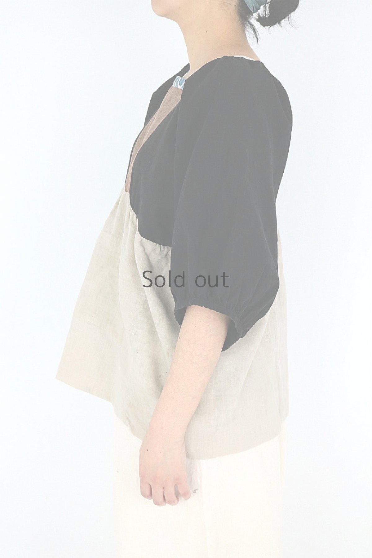 画像3: 【ササキチホ】古布リメイク ギャザースモックブラウス(黒と茶と粉袋) (3)