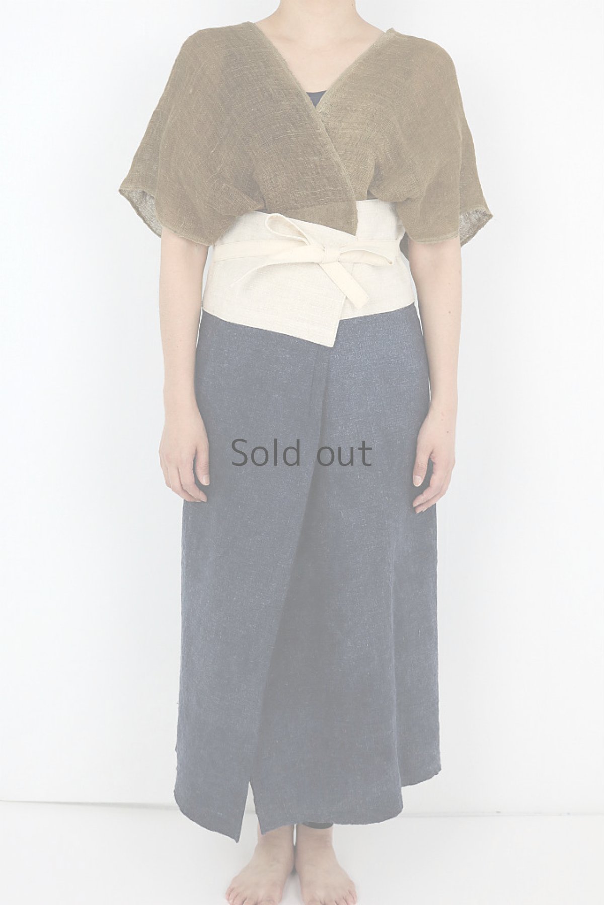 画像2: 【ササキチホ】アンティークリネン×古布　着物風ラップドレス（蚊帳、リネン、ヘンプ） (2)