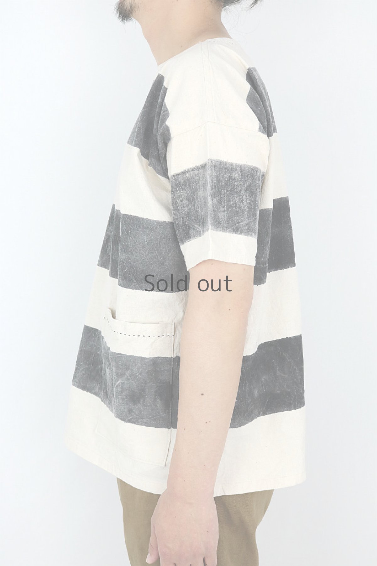 画像3: 【MITSUGU SASAKI】アンティークリネン×ハンドペイント　プリズナースモック（生成り・黒ボーダー・黒ステッチ） (3)