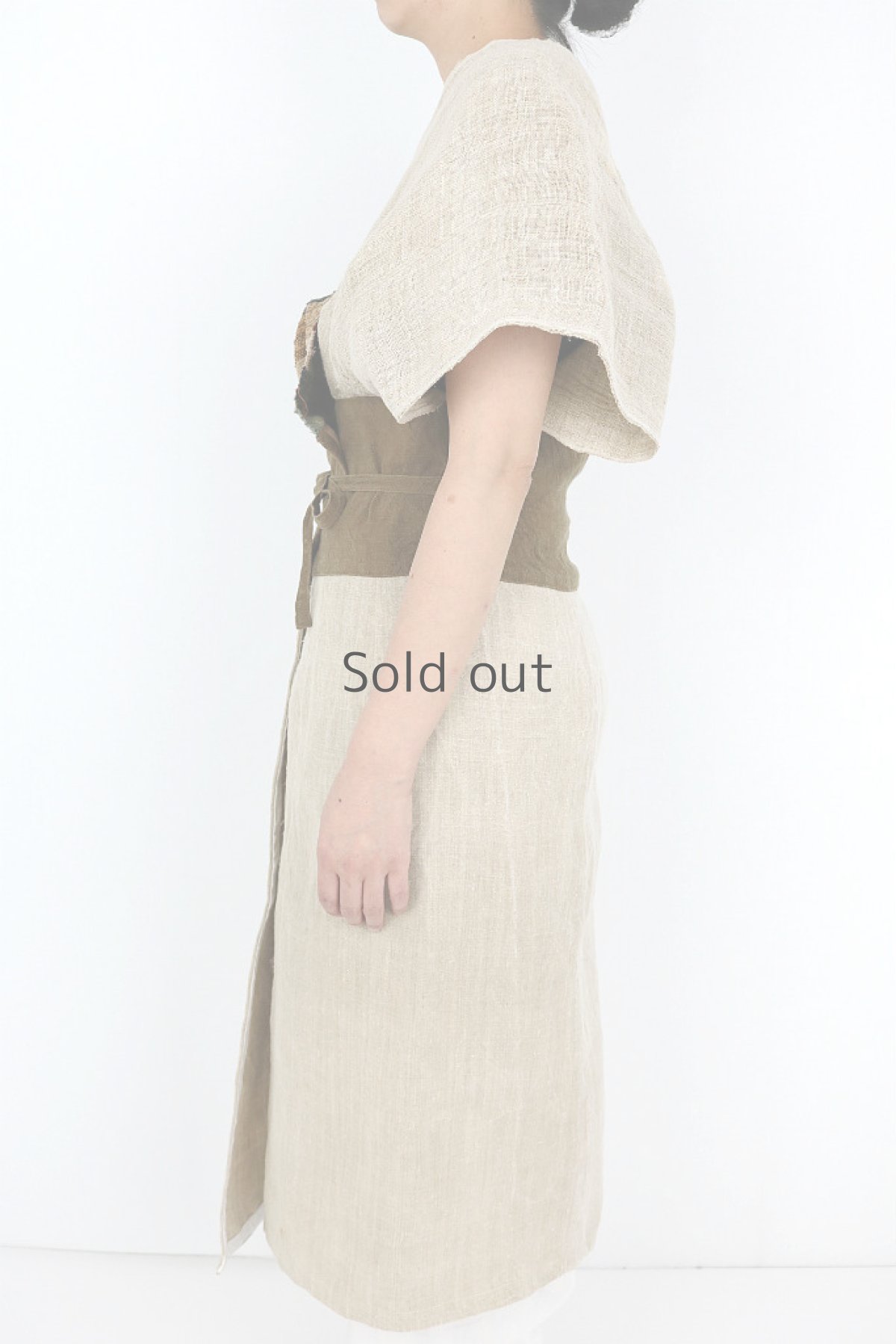 画像3: 【ササキチホ】アンティークリネン×古布　着物風ラップドレス（裂織り、蚊帳、リネン） (3)