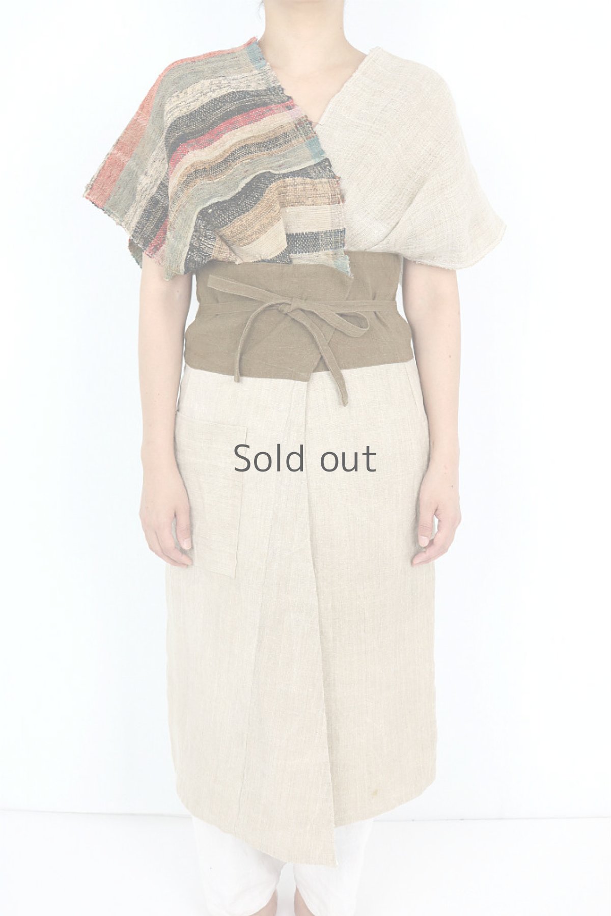 画像2: 【ササキチホ】アンティークリネン×古布　着物風ラップドレス（裂織り、蚊帳、リネン） (2)
