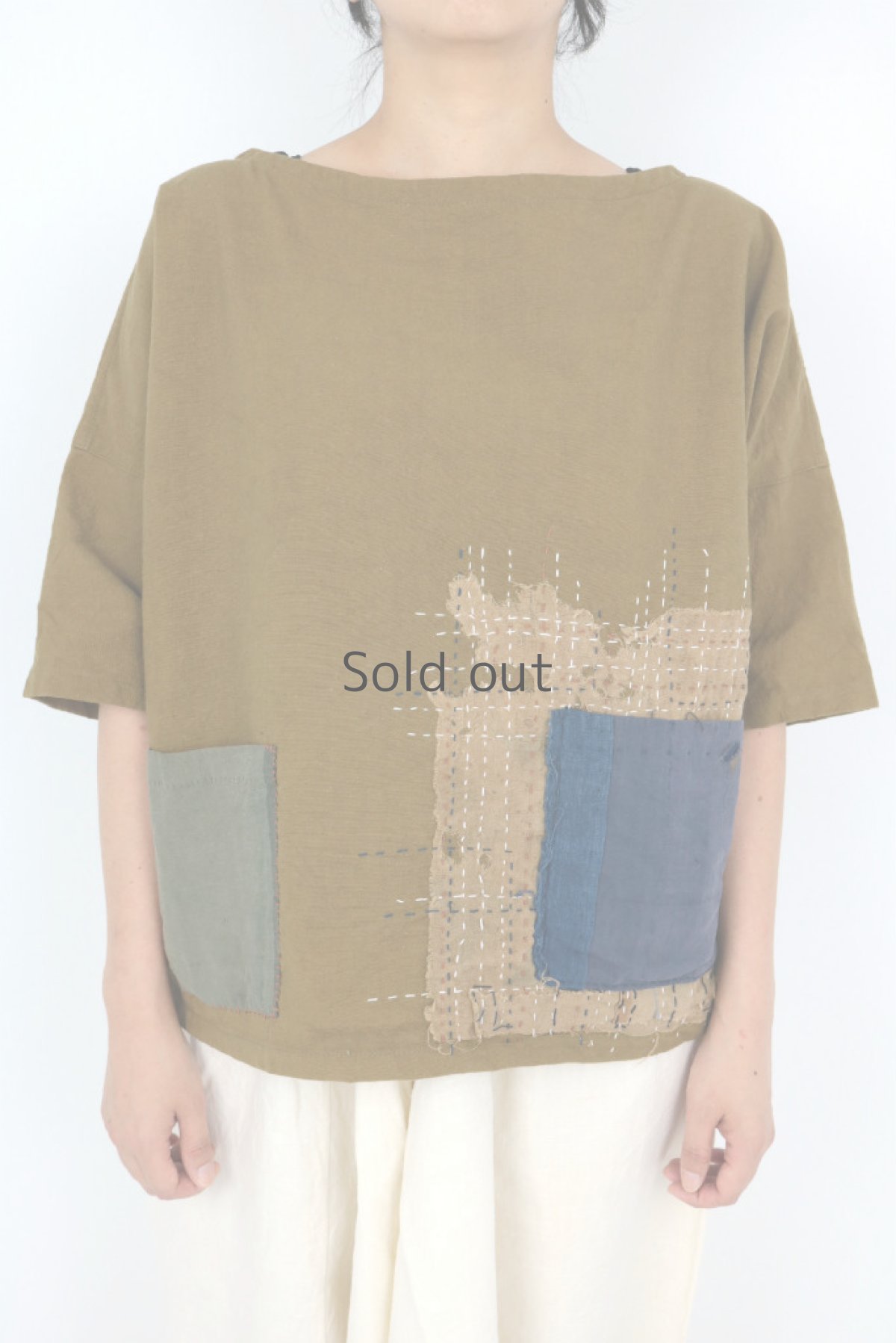 画像2: 【MITSUGU SASAKI】アンティークリネン×古布×染　半袖シャツ（茶色） (2)