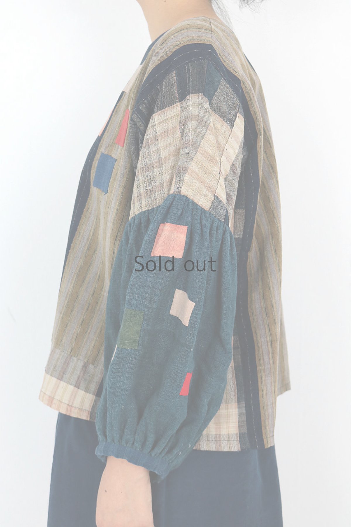 画像3: 【ササキチホ】古布　格子柄や小さなパッチのバルーン袖ブラウス (3)