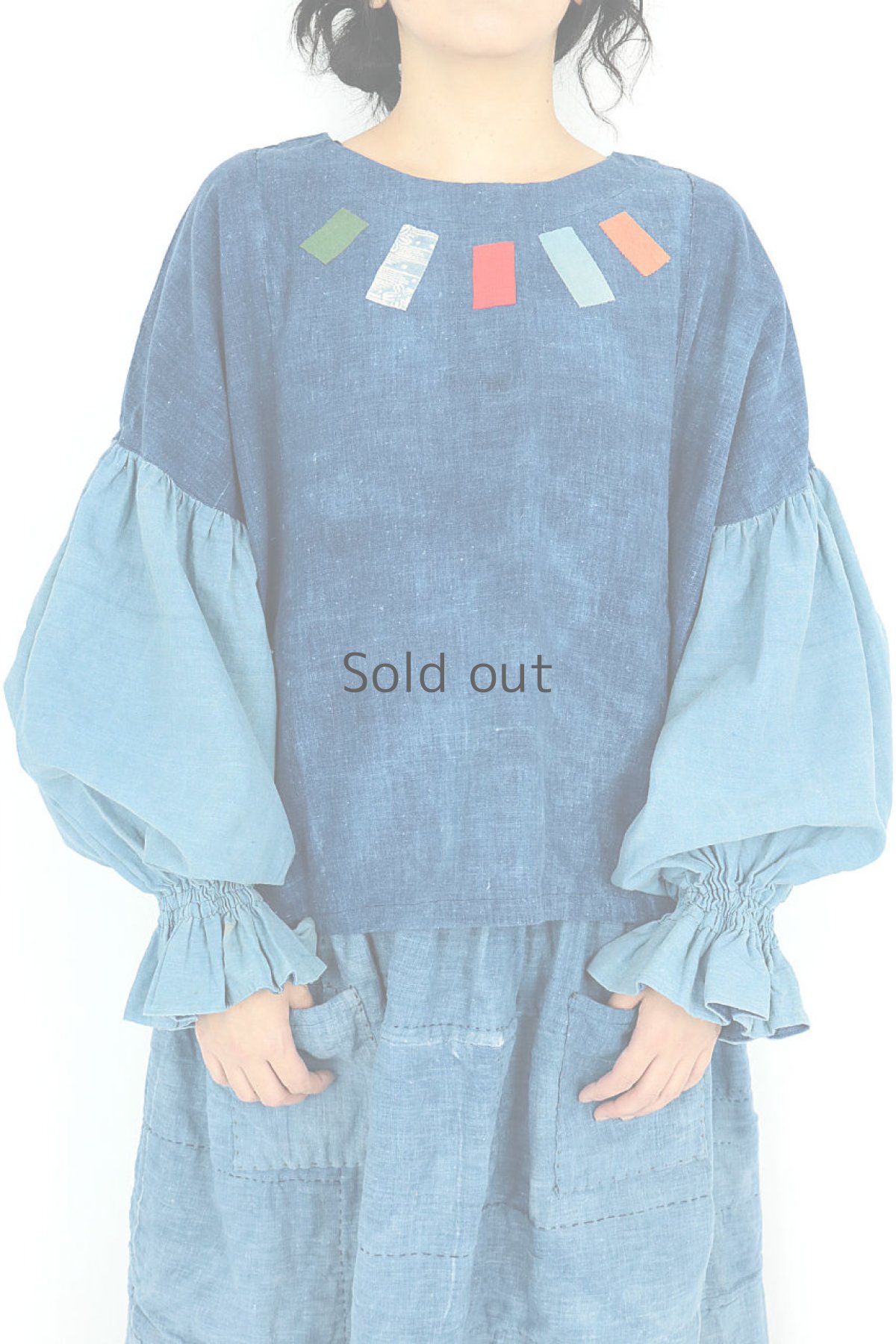 画像3: 【ササキチホ】藍染古布　ひらひらバルーン袖ブラウス (3)