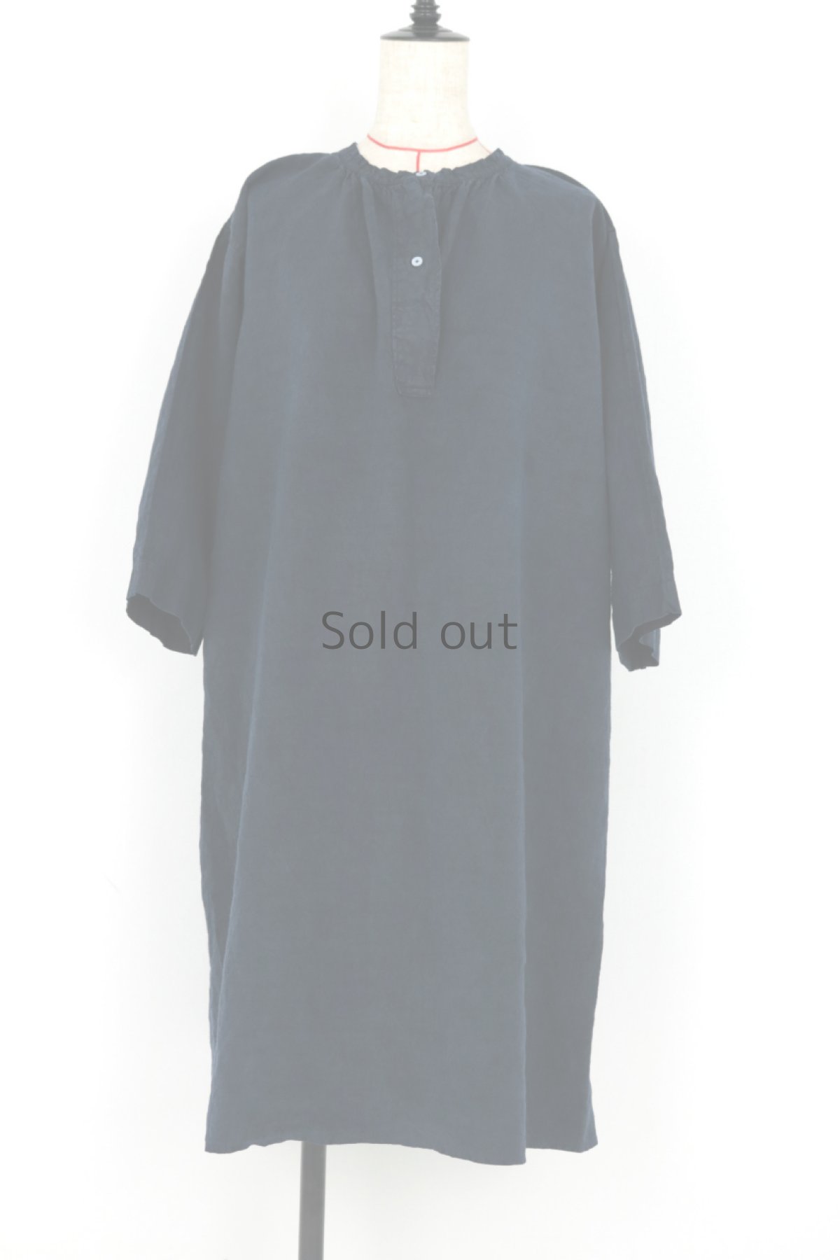 画像2: 【フランス】アンティークリネン×染　ハンパ丈袖ワンピース（青藍色） (2)