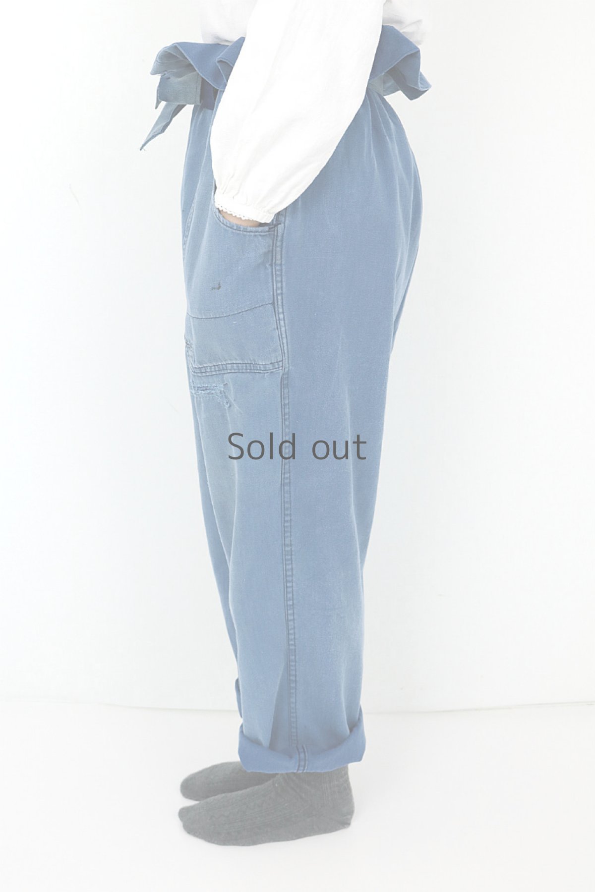 画像3: 【MITSUGU SASAKI】ビンテージ×リメイク　超ハイウエスト　ワークパンツ(色あせブルー) (3)