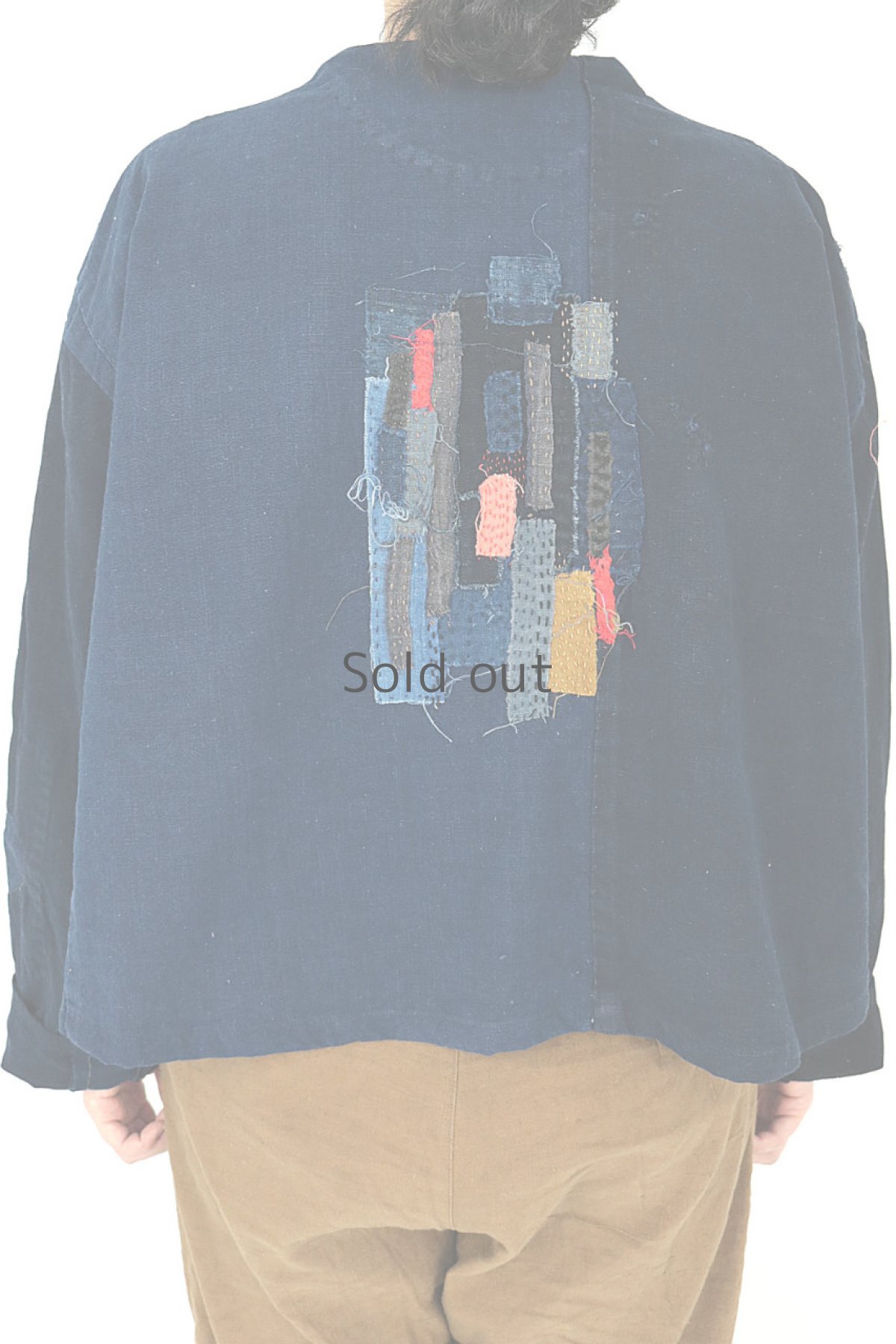 画像4: 【ササキチホ】藍染古布　インディゴブルー　フォークロアブラウス（前開き/背中刺し子） (4)