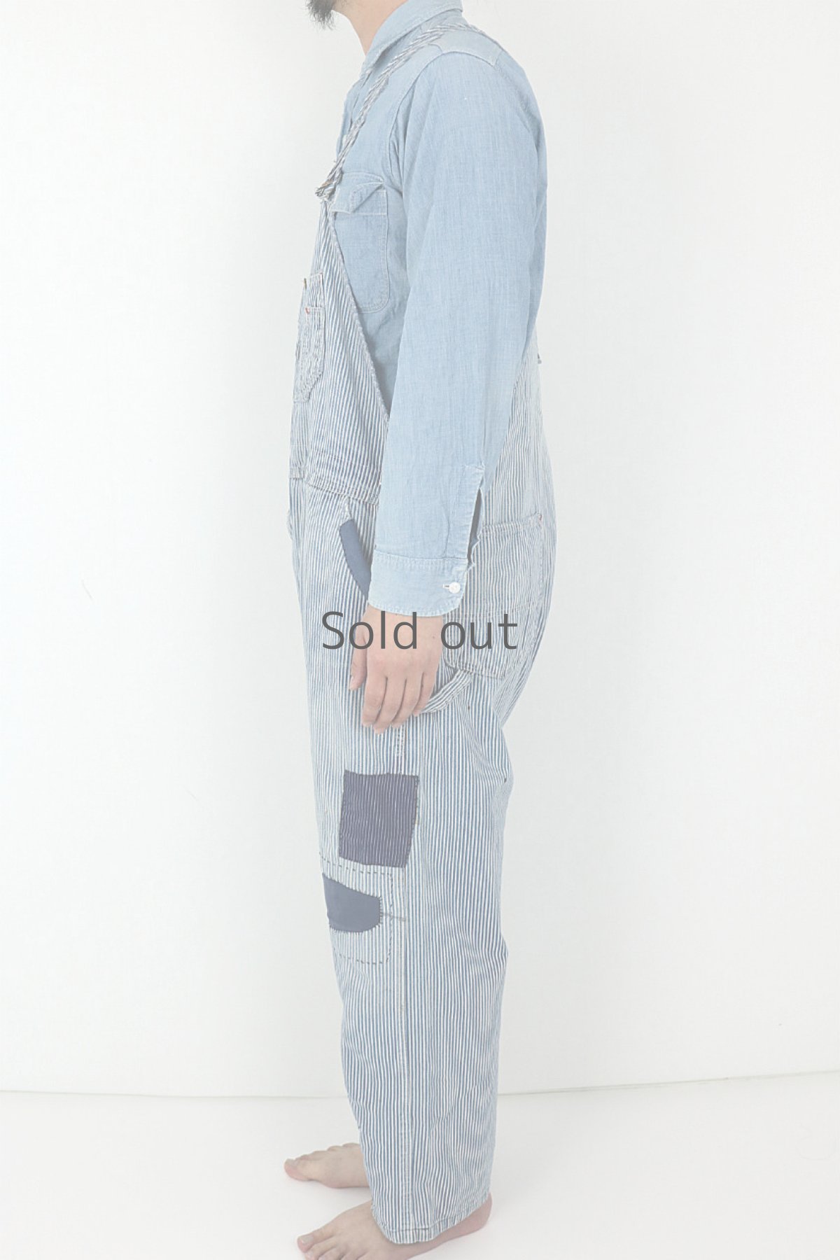 画像3: 【MITSUGU SASAKI】ビンテージリメイク　パッチワーク　ヒッコリーオーバーオール（ROUND HOUSE） (3)