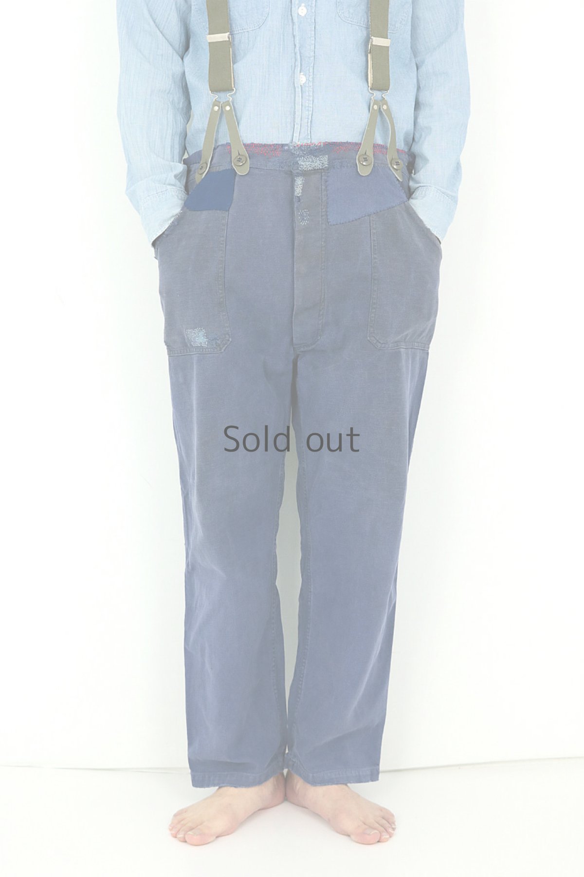 画像2: 【MITSUGU SASAKI】ビンテージリメイク　刺し子リペア　半分オーバーオール（サスペンダー付き） (2)