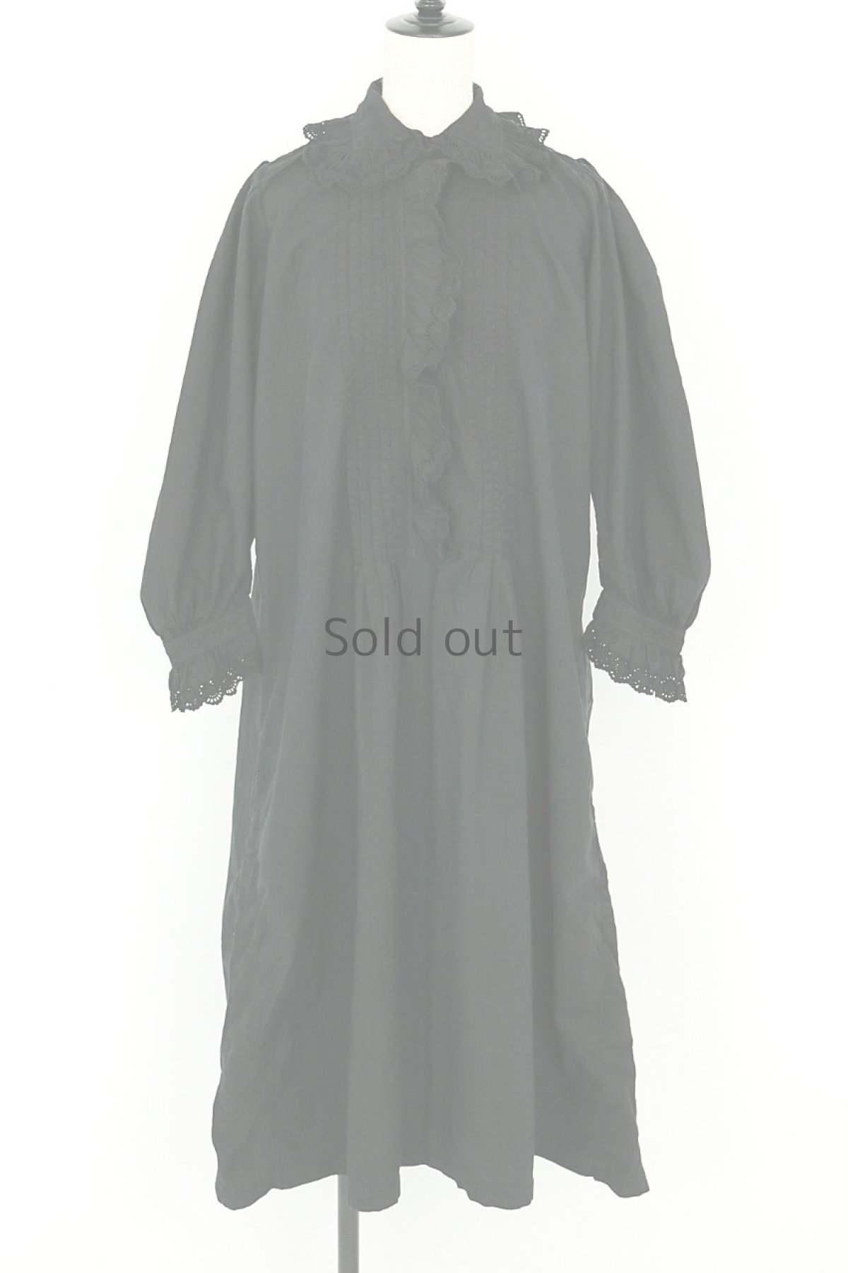 画像2: 【ドイツ】アンティークコットン×染　フリルレース　長袖ロングワンピース（黒） (2)