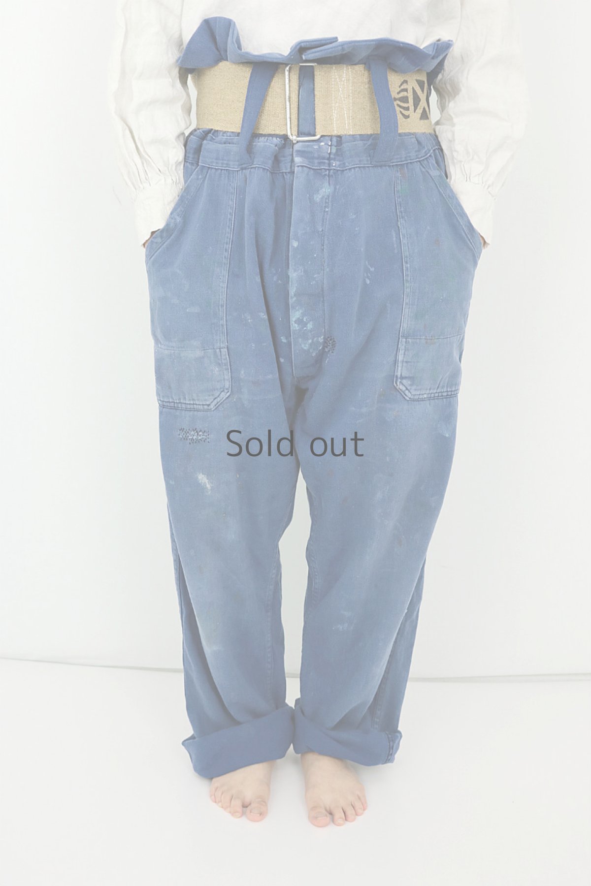 画像2: 【MITSUGU SASAKI】ビンテージ×リメイク　超ハイウエスト　ワークパンツ(ペンキ汚れ/太い麻ベルト)麻ベルト) (2)