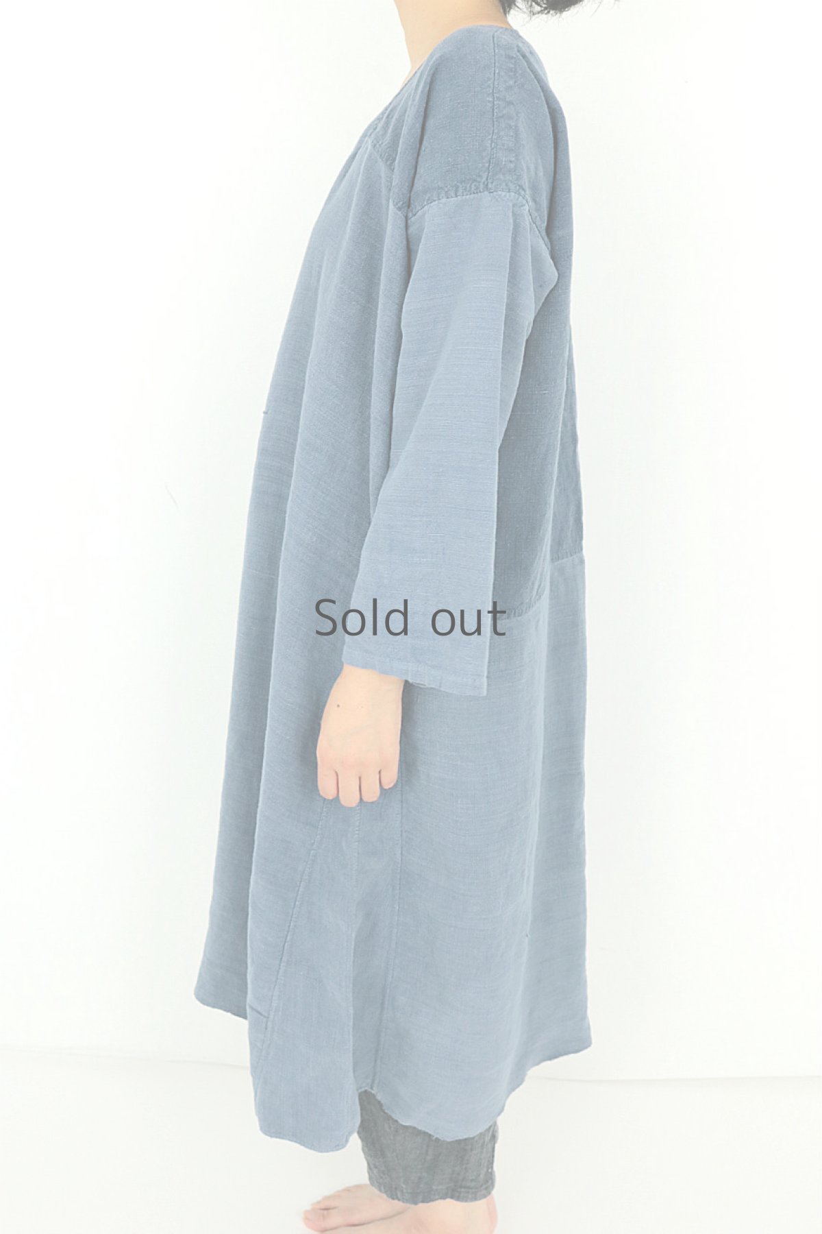 画像3: 【フランス】アンティークリネン×染　パッチワーク　スモックワンピース（ブルーグレー） (3)