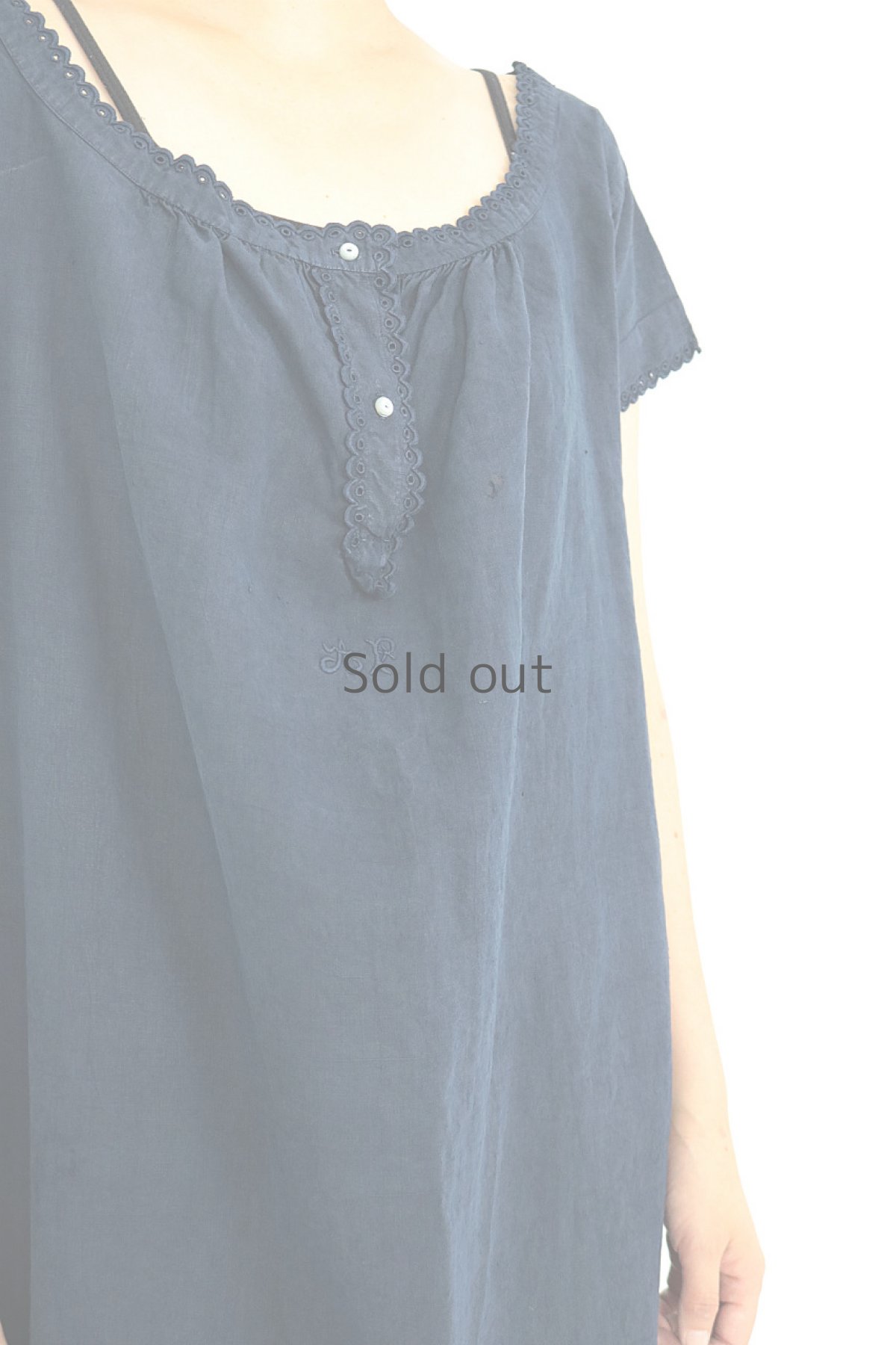 画像7: 【フランス】アンティークリネン×染　半袖ヘンリーネックワンピース（紺） (7)