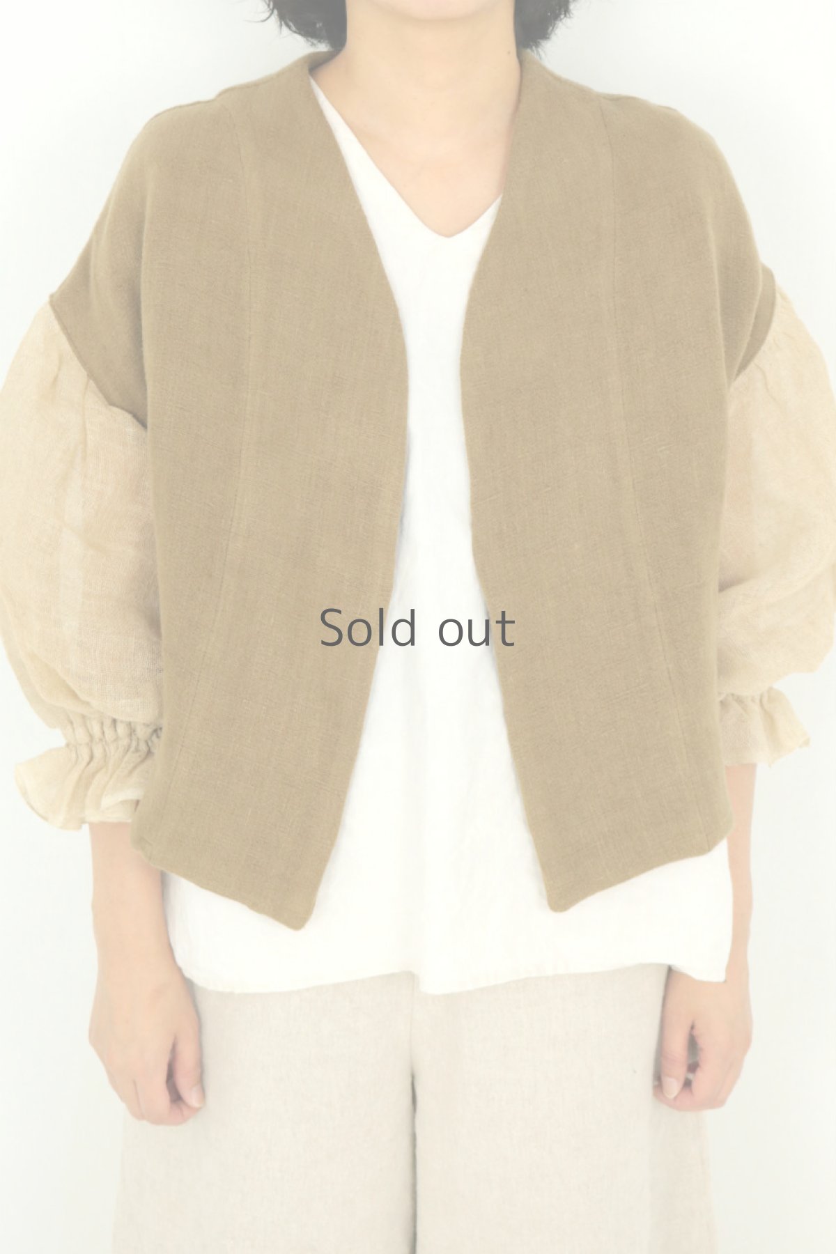 画像2: 【ササキチホ】アンティークリネン＋カヤ×染め　ピエロ袖　前開きブラウス（茶色） (2)