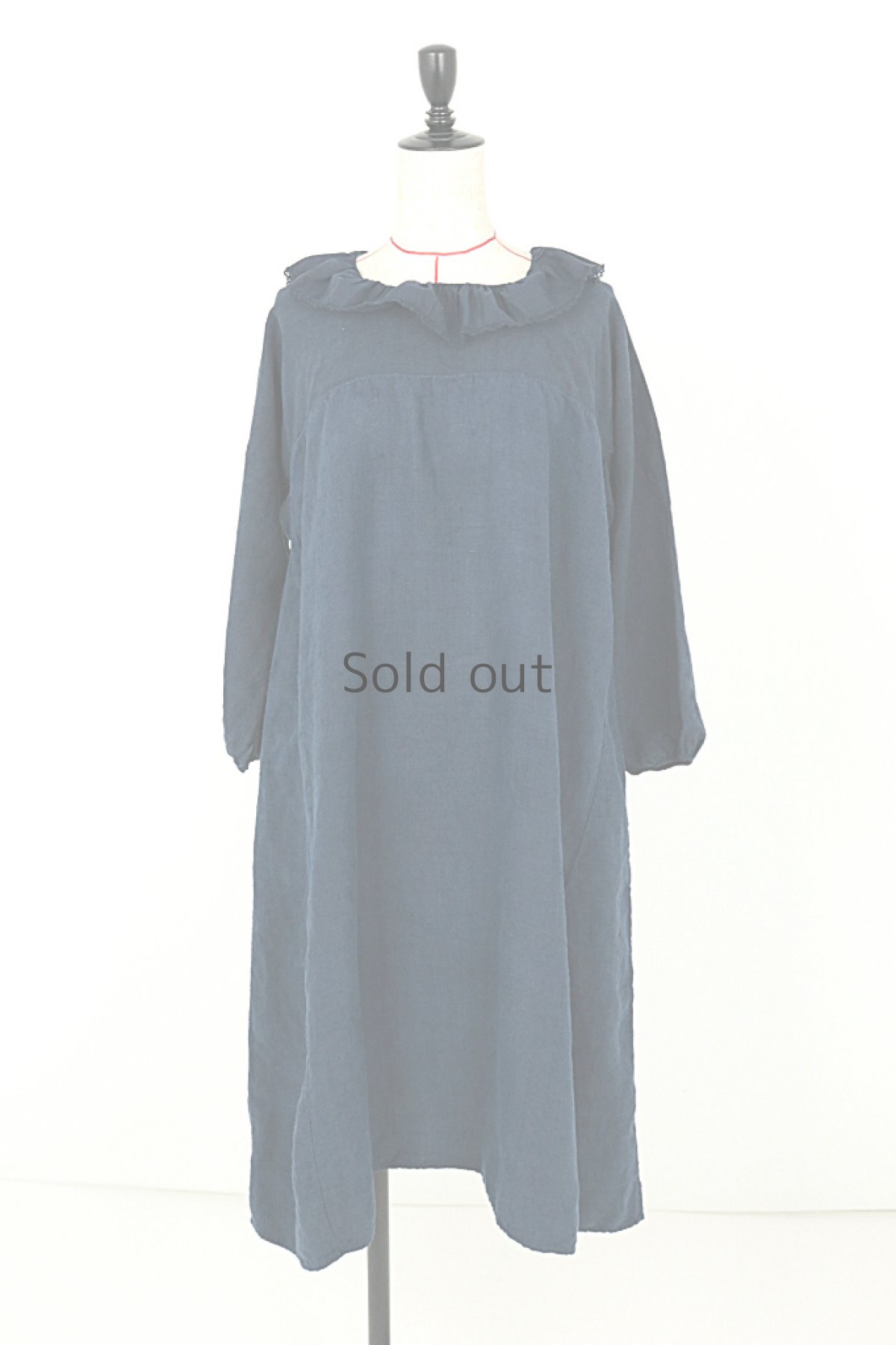 画像2: 【フランス】アンティークリネン×染　襟フリル　３トーンワンピース(紺色) (2)