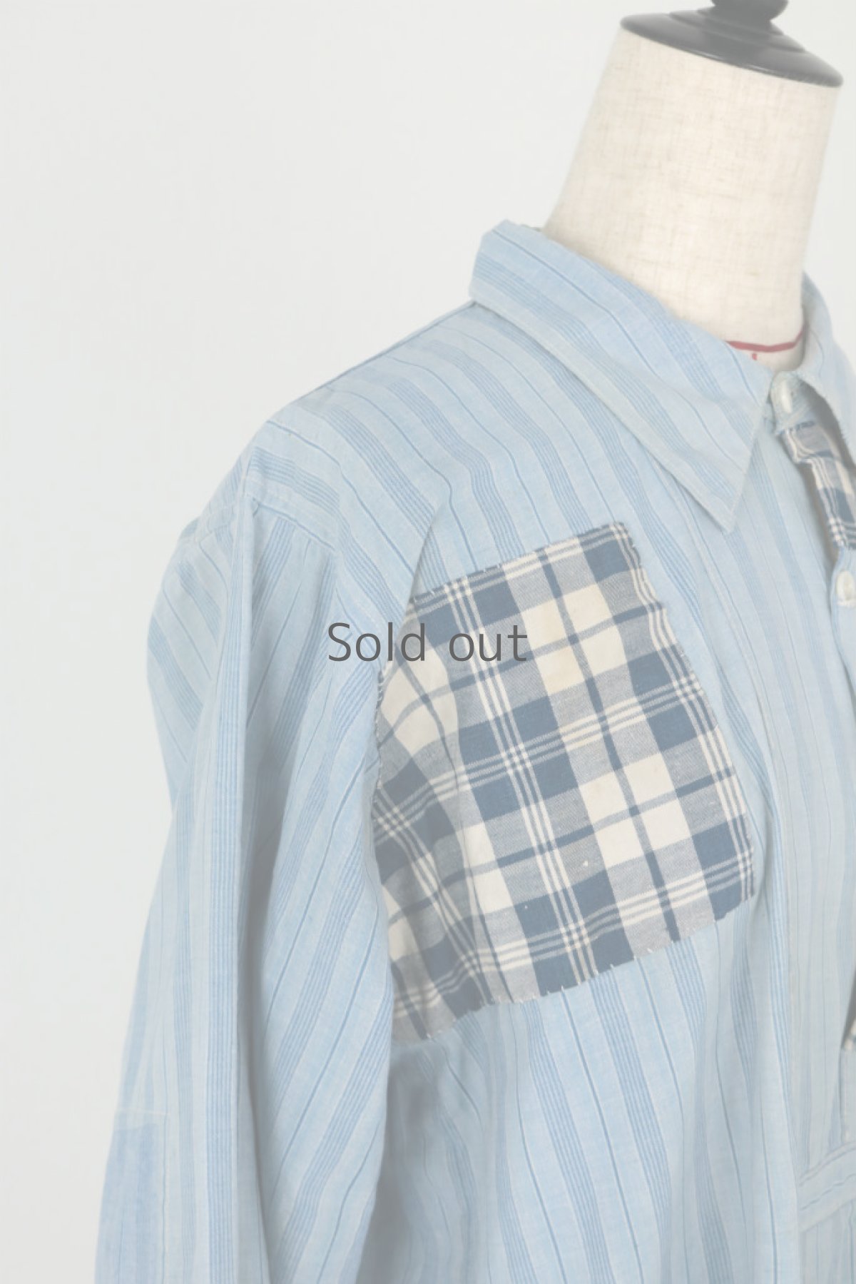 画像4: 【MITSUGU SASAKI】1930年代頃のパッチされたプルオーバーストライプロングシャツ（ブルー） (4)