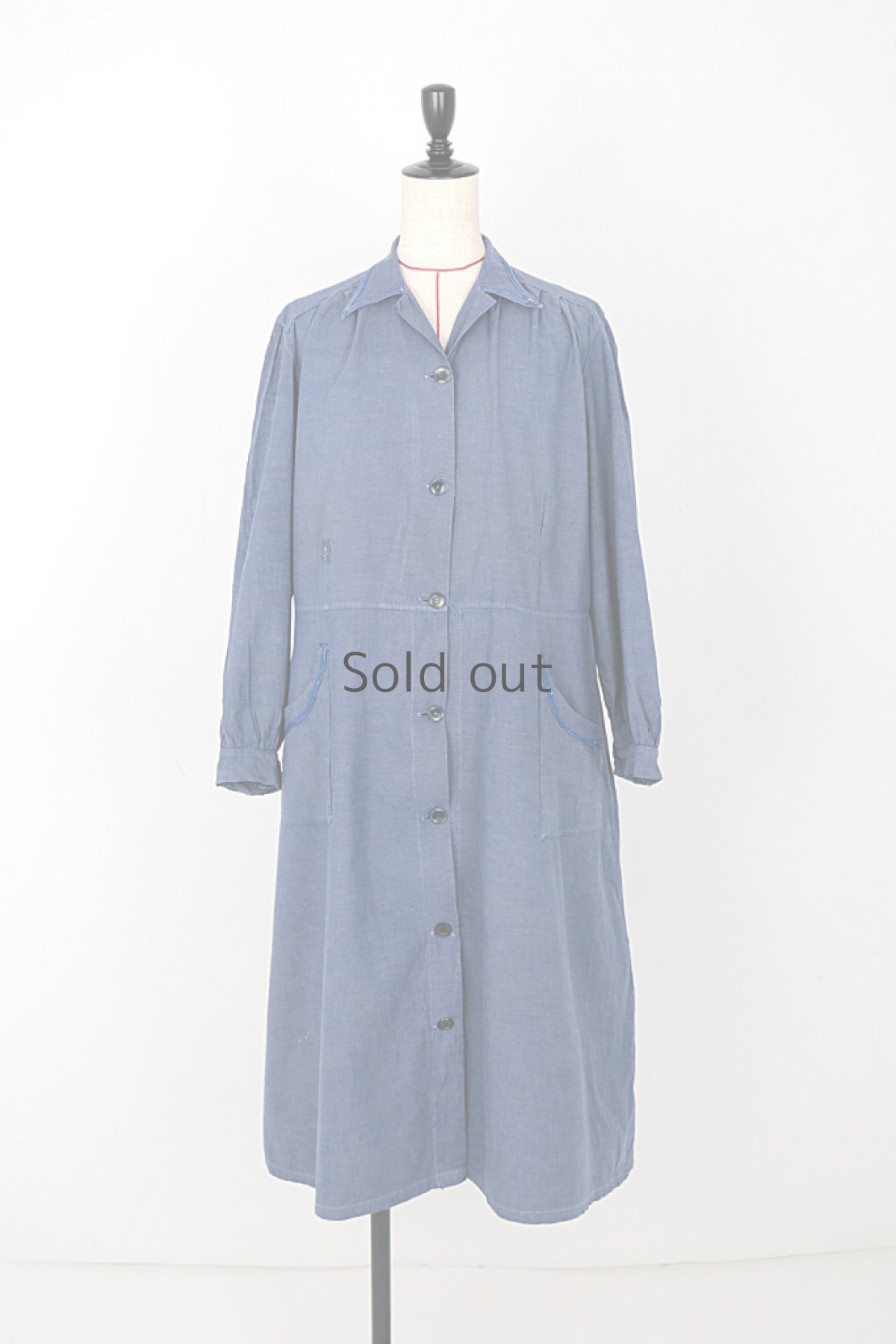 画像2: 【フランス】1950年代頃 シャンブレーコットン　ワークドレス（ブルーグレー） (2)