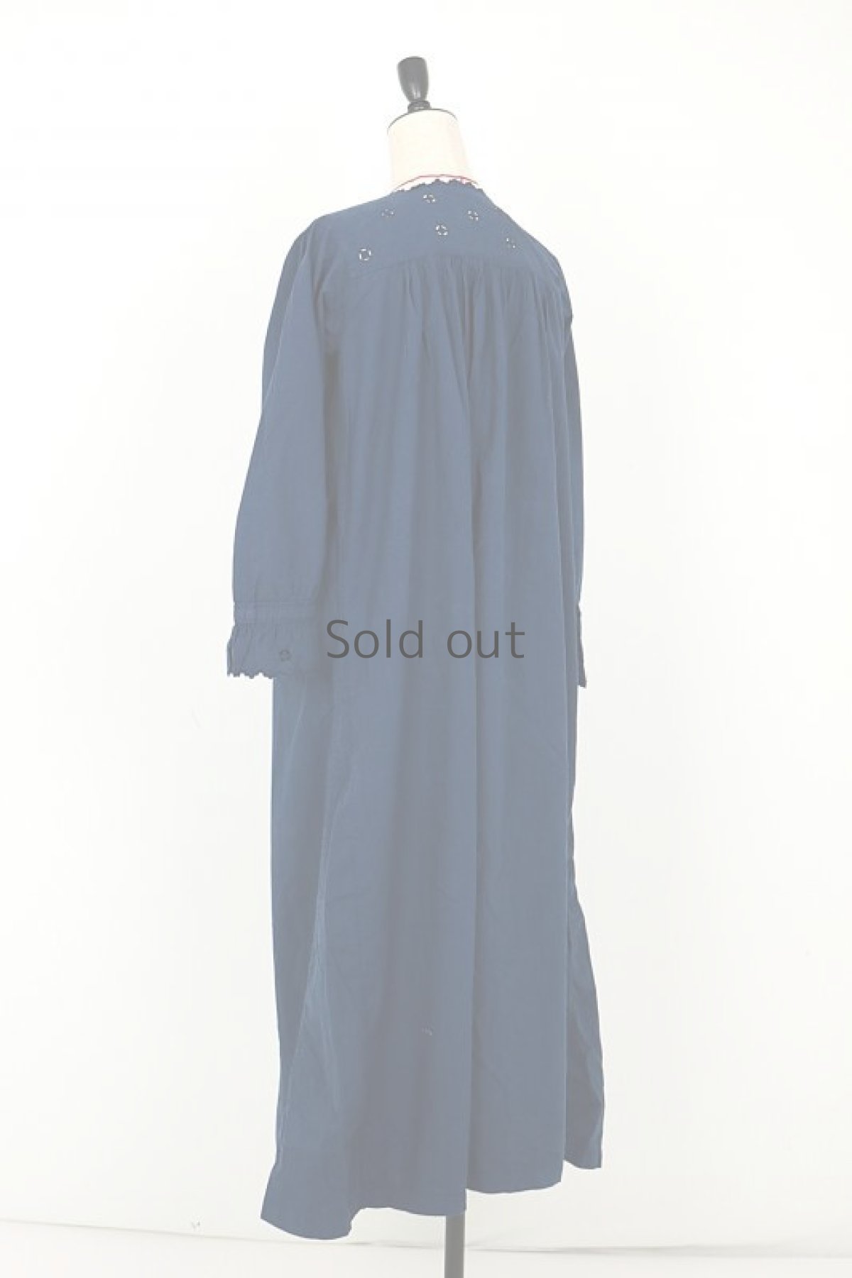 画像12: 【フランス】アンティーク コットン×染　長袖ワンピース（紺色/リペアあり） (12)