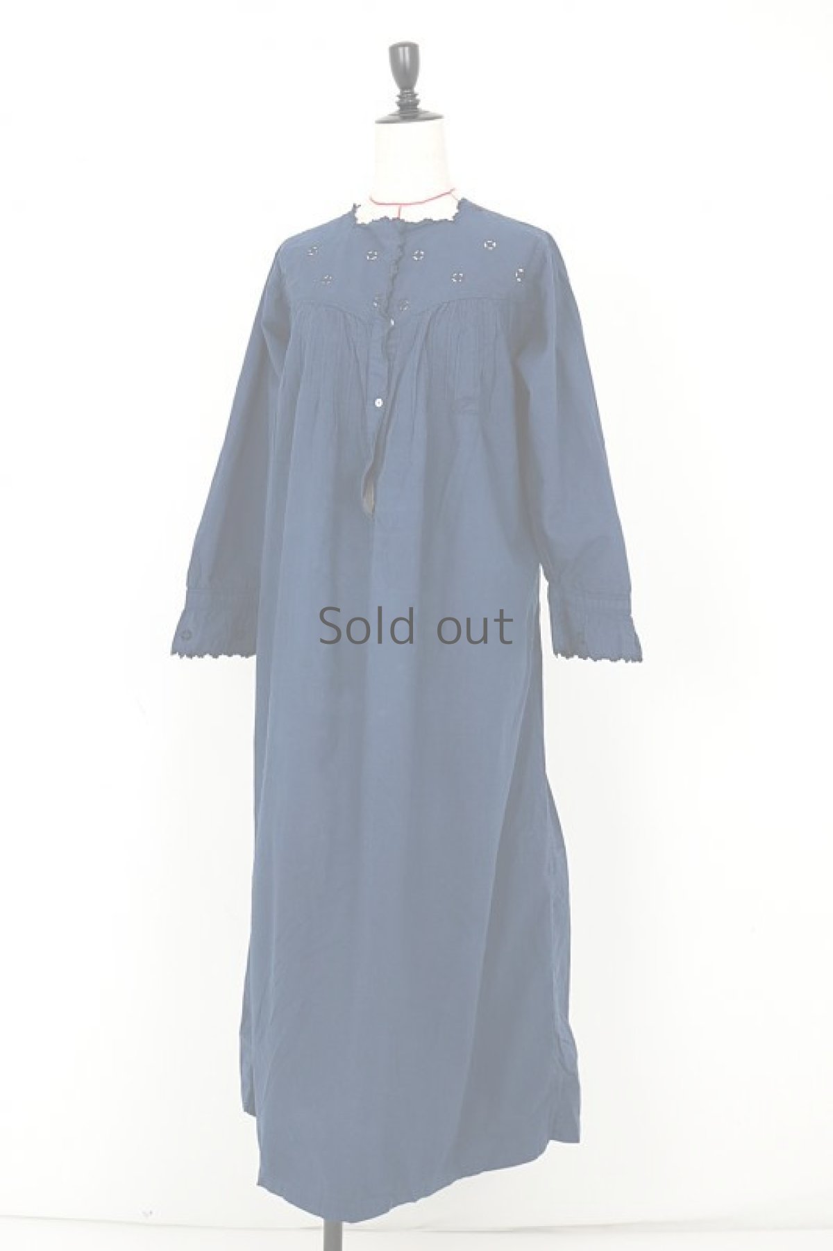 画像11: 【フランス】アンティーク コットン×染　長袖ワンピース（紺色/リペアあり） (11)