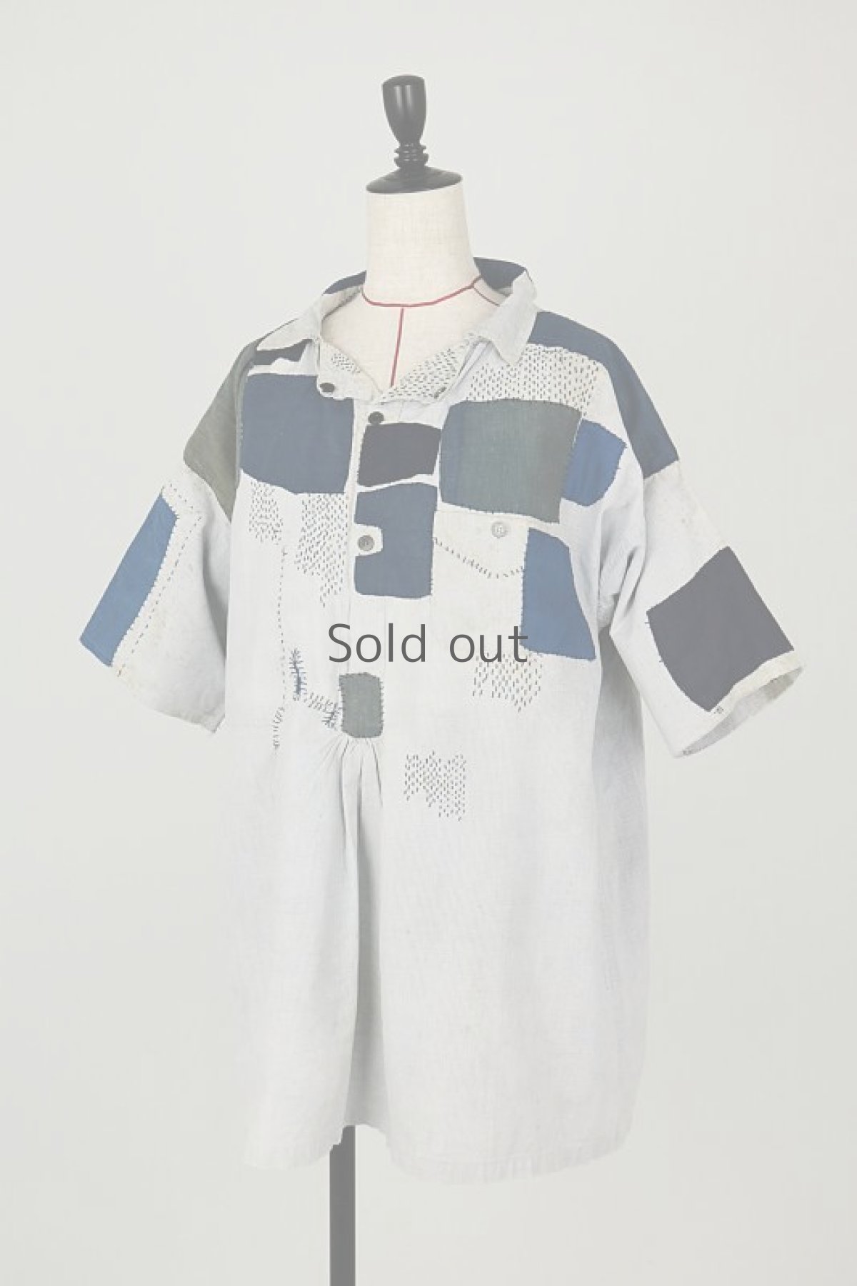 画像13: 【MITSUGU SASAKI】ビンテージリメイク+古布　藍染パッチワーク　半袖ブッチャーシャツ (13)