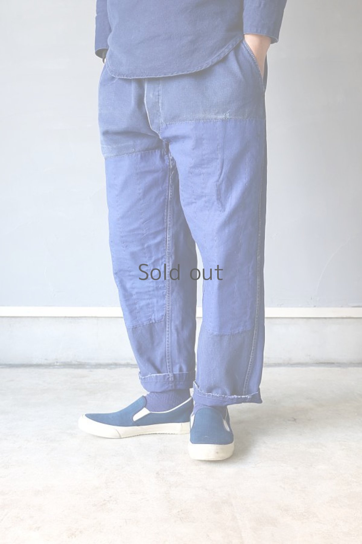 画像11: 【MITSUGU SASAKI】ビンテージ×リメイク　パッチワーク&刺し子　ワークパンツ（ウエスト青ひも ） (11)