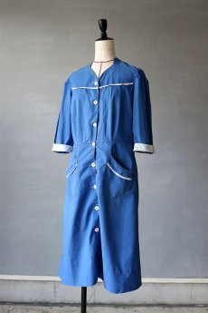 画像2: 【フランス】1950年代頃のブルーコットンワークドレス (2)
