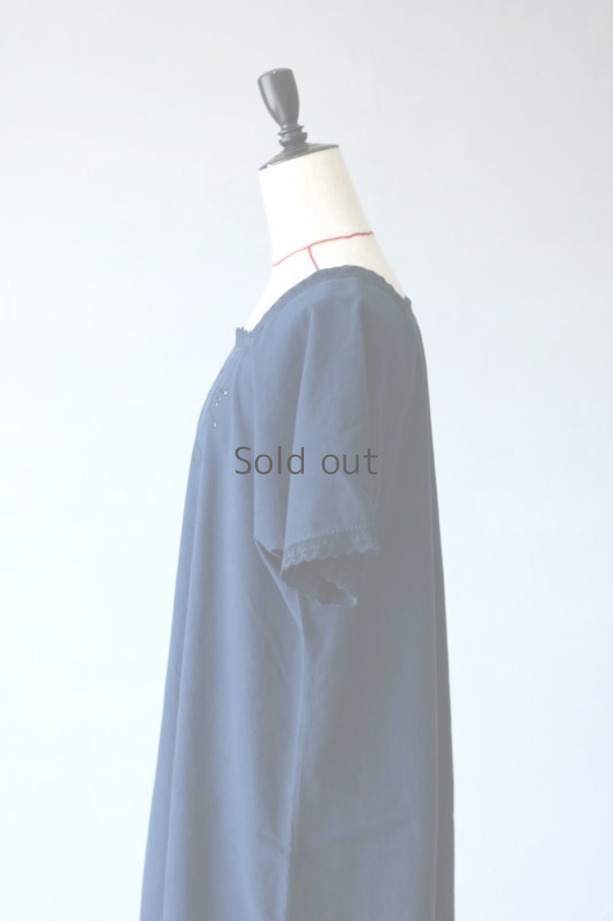 画像7: 【フランス】アンティークコットン×染　ショートスリーブ　スクエアネックロングワンピース（紺色） (7)