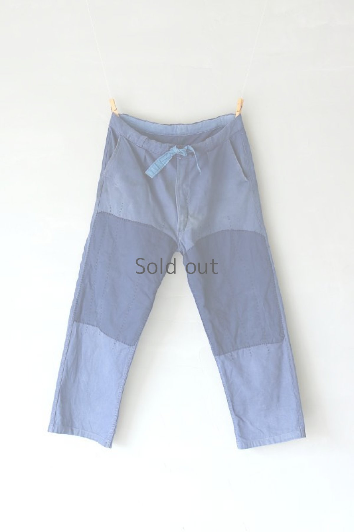 画像2: 【MITSUGU SASAKI】ビンテージ×リメイク　パッチワーク ブルーワークパンツ（ベルト紐） (2)