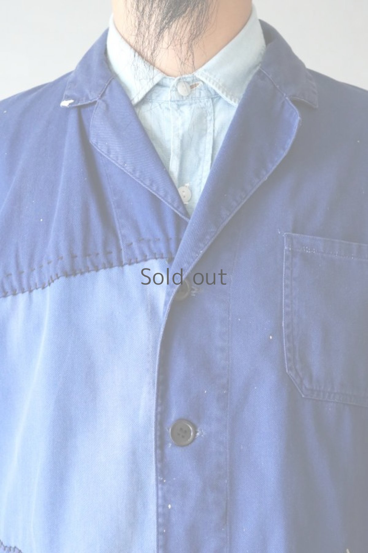 画像9: 【MITSUGU SASAKI】ビンテージリメイク　パッチワーク　ブルーワークジャケット(ノッチドラペル) (9)