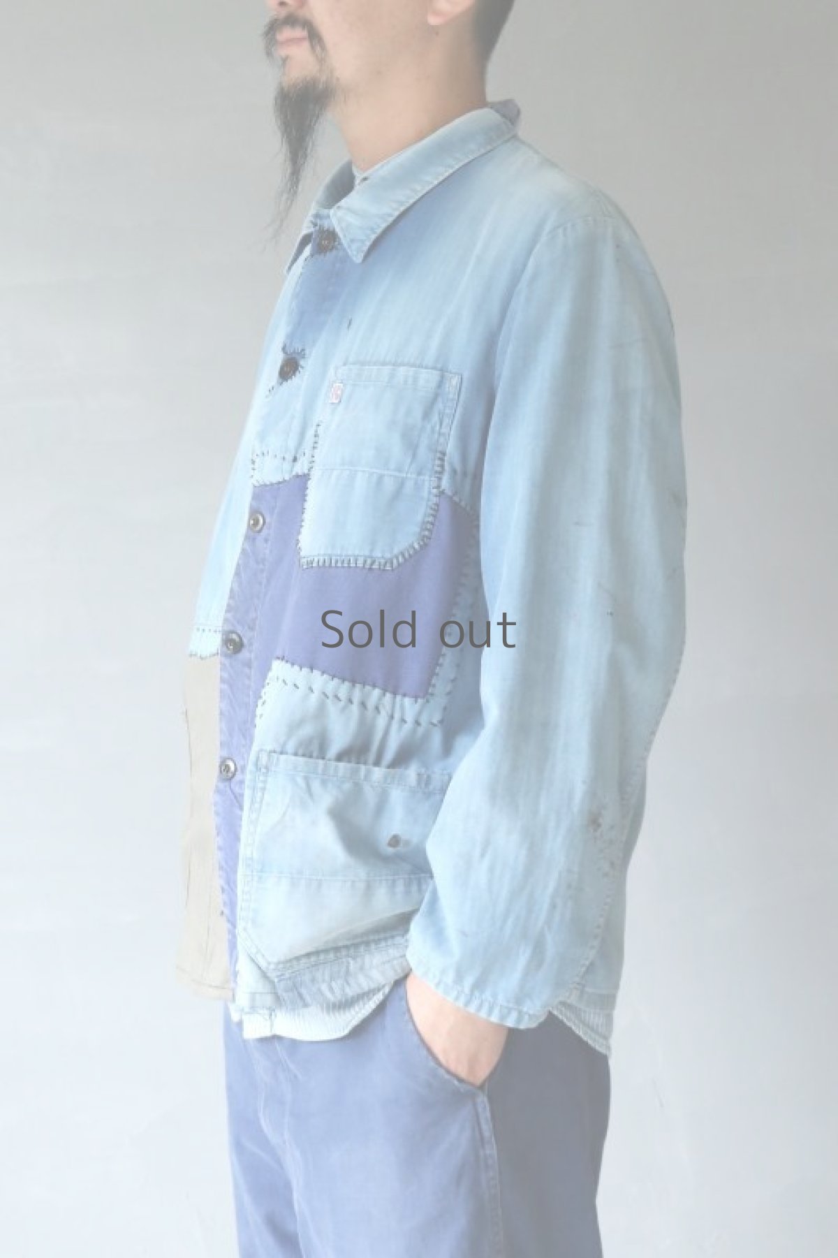 画像3: 【MITSUGU SASAKI】ビンテージリメイク　パッチワーク　大きめブルーワークジャケット(ドイツ) (3)