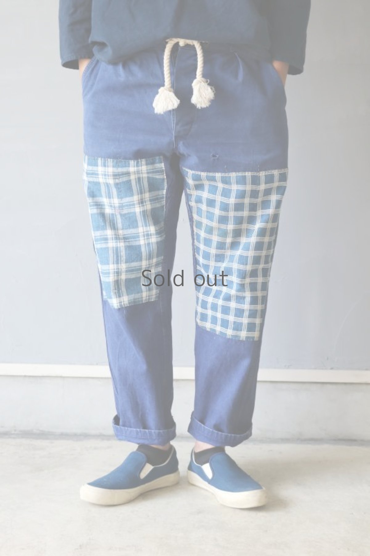 画像12: 【MITSUGU SASAKI】ビンテージ×リメイク　パッチワーク　インディゴチェック　ワークパンツ（紐付き） (12)