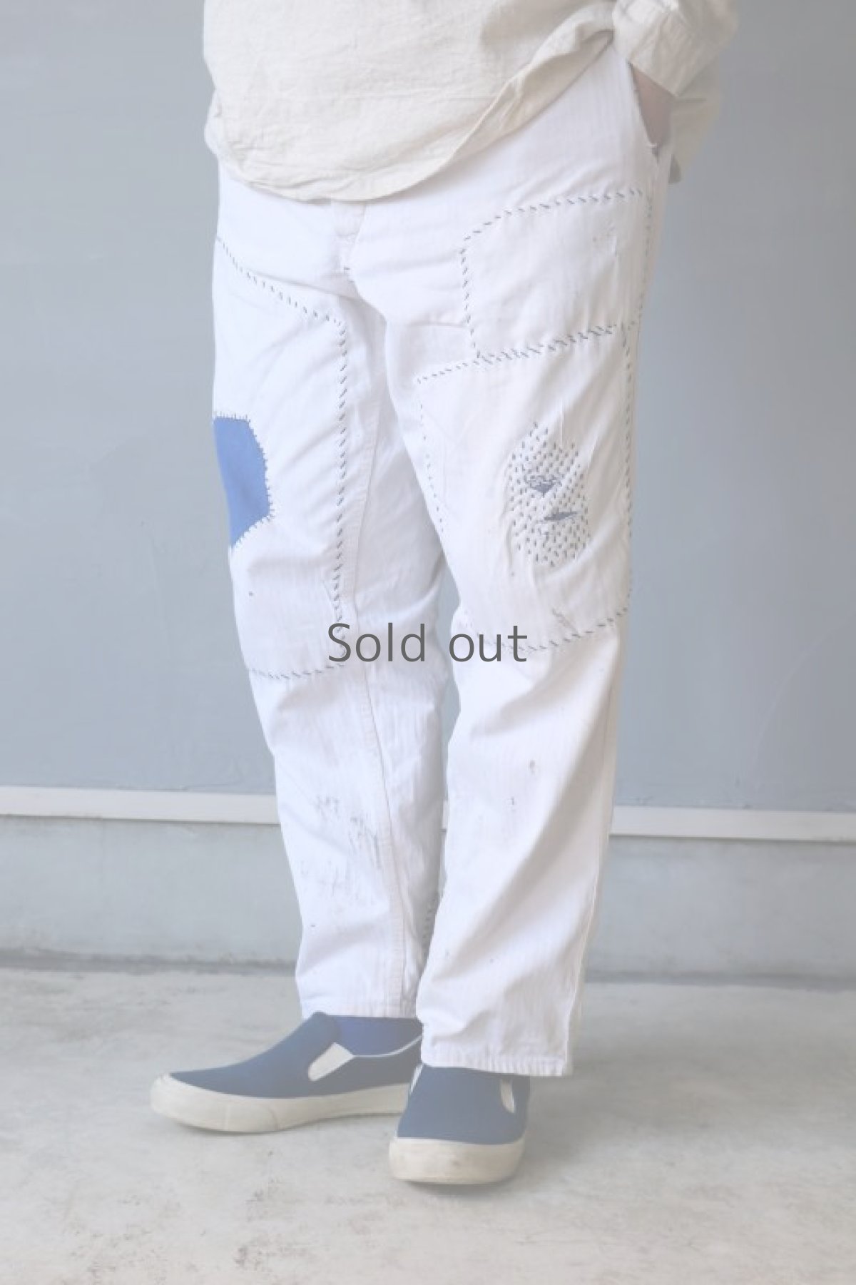 画像16: 【MITSUGU SASAKI】ビンテージ×リメイク　パッチワーク　ホワイトヘリンボーン　ワークパンツ（シンチバック） (16)
