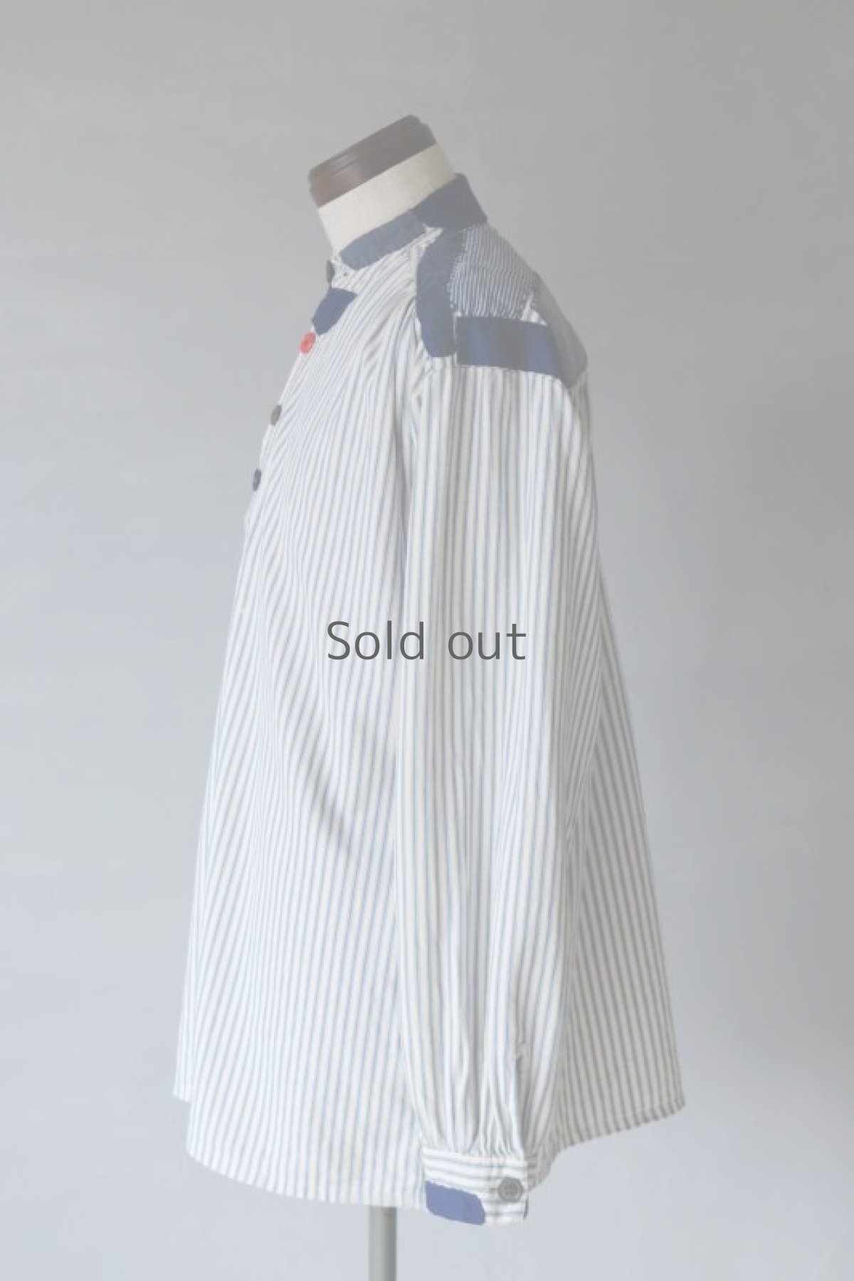 画像6: 【MITSUGU SASAKI】ビンテージリメイク　パッチワーク　ストライプグランパシャツ（白青） (6)