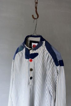 画像12: 【MITSUGU SASAKI】ビンテージリメイク　パッチワーク　ストライプグランパシャツ（白青） (12)