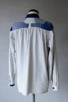 画像8: 【MITSUGU SASAKI】ビンテージリメイク　パッチワーク　ストライプグランパシャツ（白青） (8)