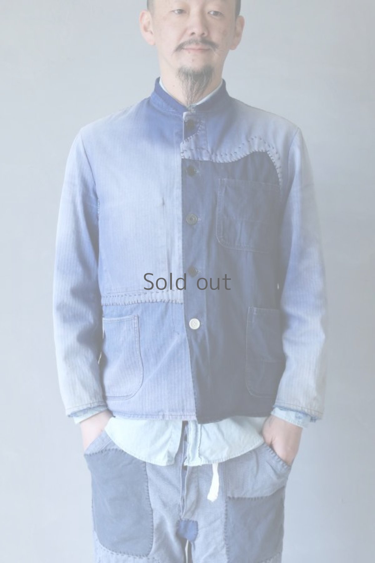 画像14: 【MITSUGU SASAKI】ビンテージリメイク　パッチワーク　色落ちワークジャケット(襟なし) (14)