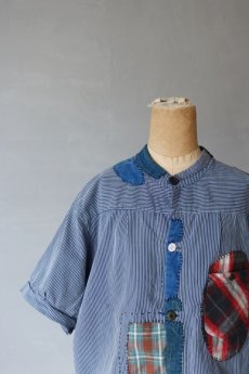 画像3: 【MITSUGU SASAKI】ビンテージリメイク　パッチワーク　ファーマーズワークシャツ（藍色とチェック） (3)