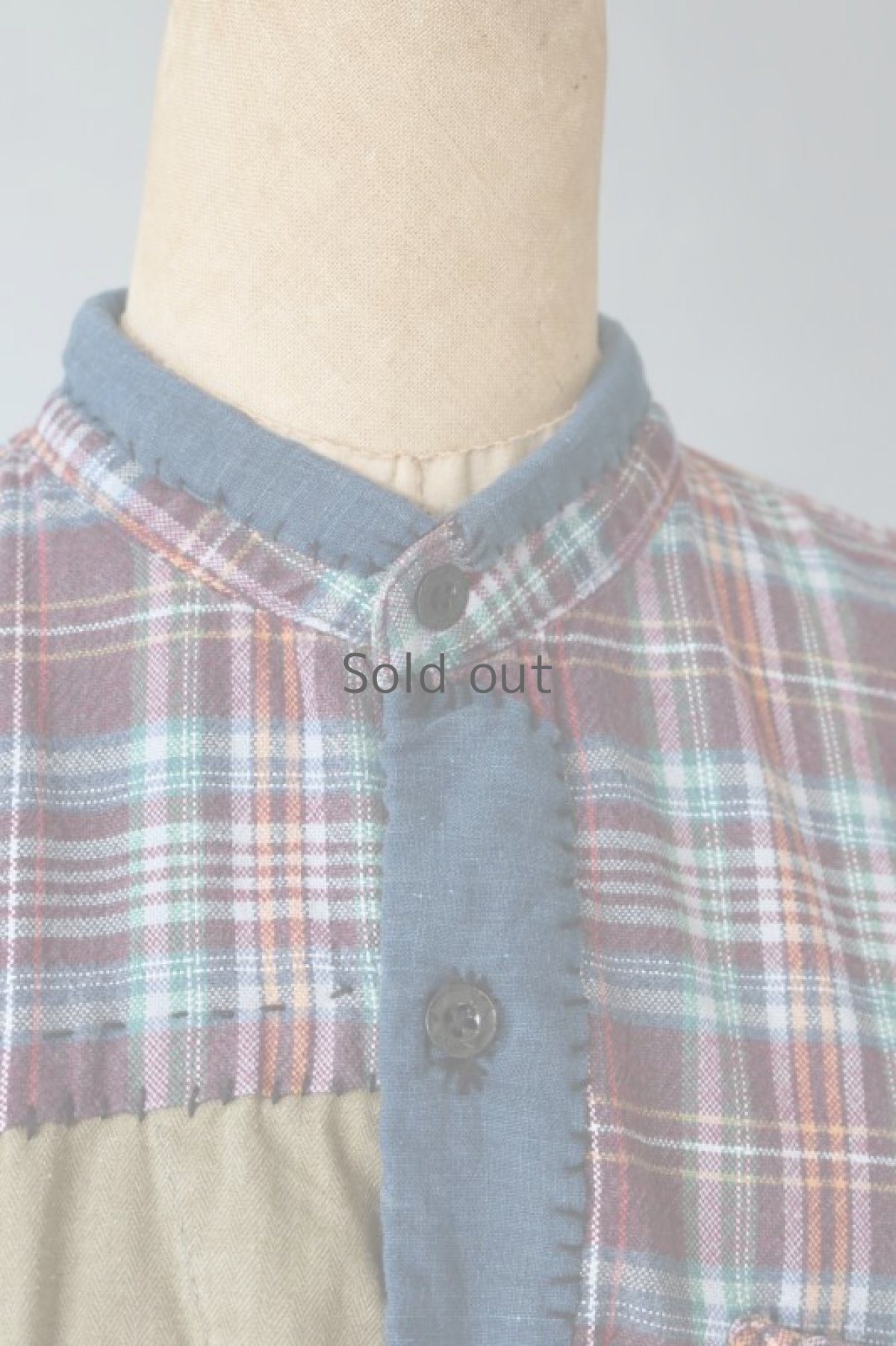 画像4: 【MITSUGU SASAKI】ビンテージリメイク　パッチワークネル　グランパシャツ（エンジチェック） (4)