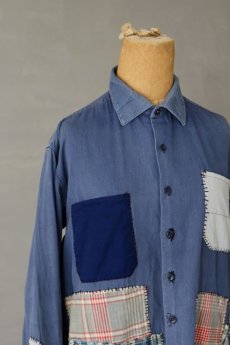 画像11: 【MITSUGU SASAKI】ビンテージリメイク　チェックパッチワーク　ワークシャツ（ブルー） (11)