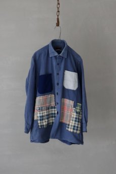 画像2: 【MITSUGU SASAKI】ビンテージリメイク　チェックパッチワーク　ワークシャツ（ブルー） (2)