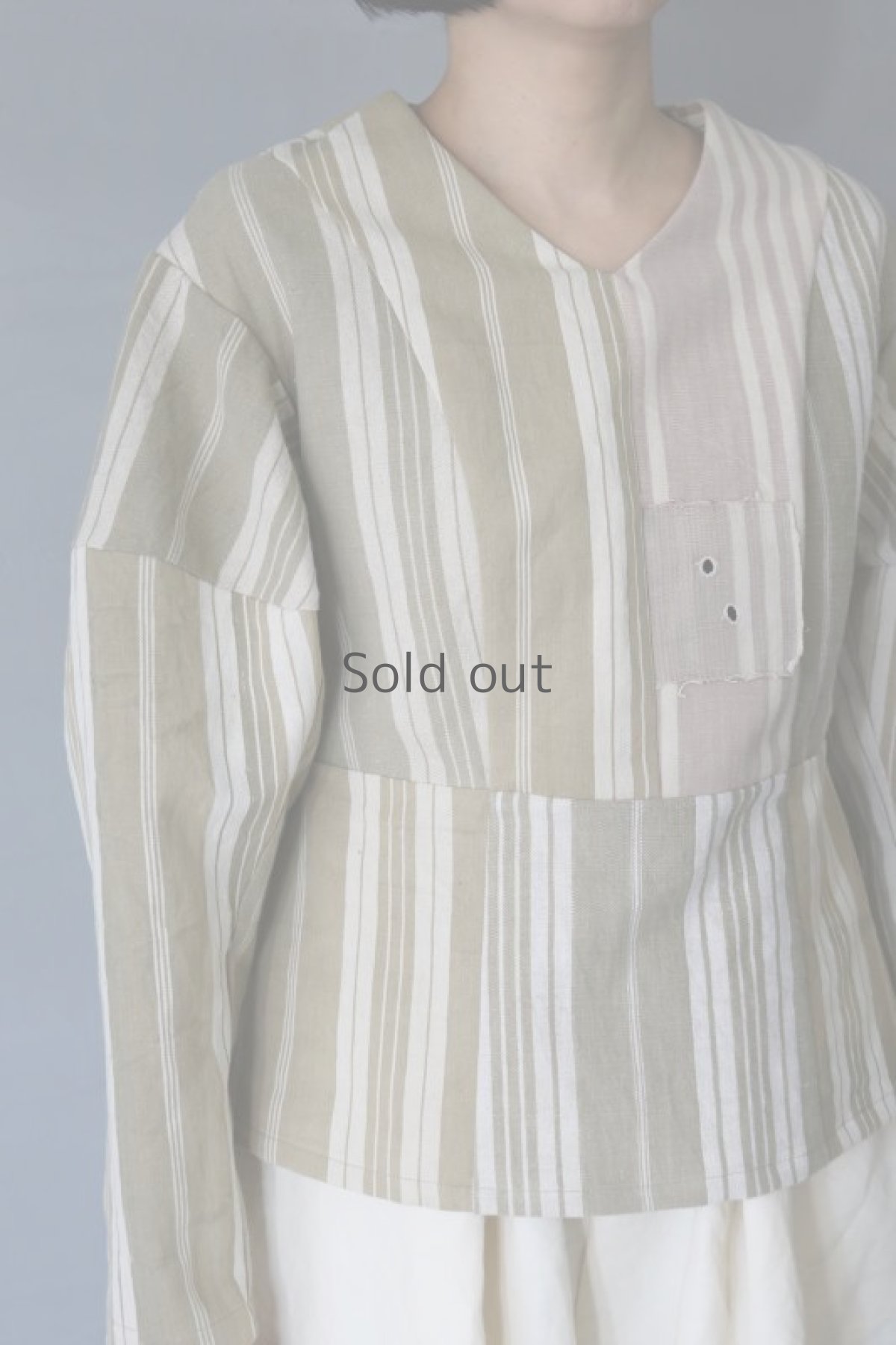 画像6: 【ササキチホ】アンティークリネン「戦士の衣」コクーン袖ブラウス / ティッキングファブリック(カーキMIX) (6)