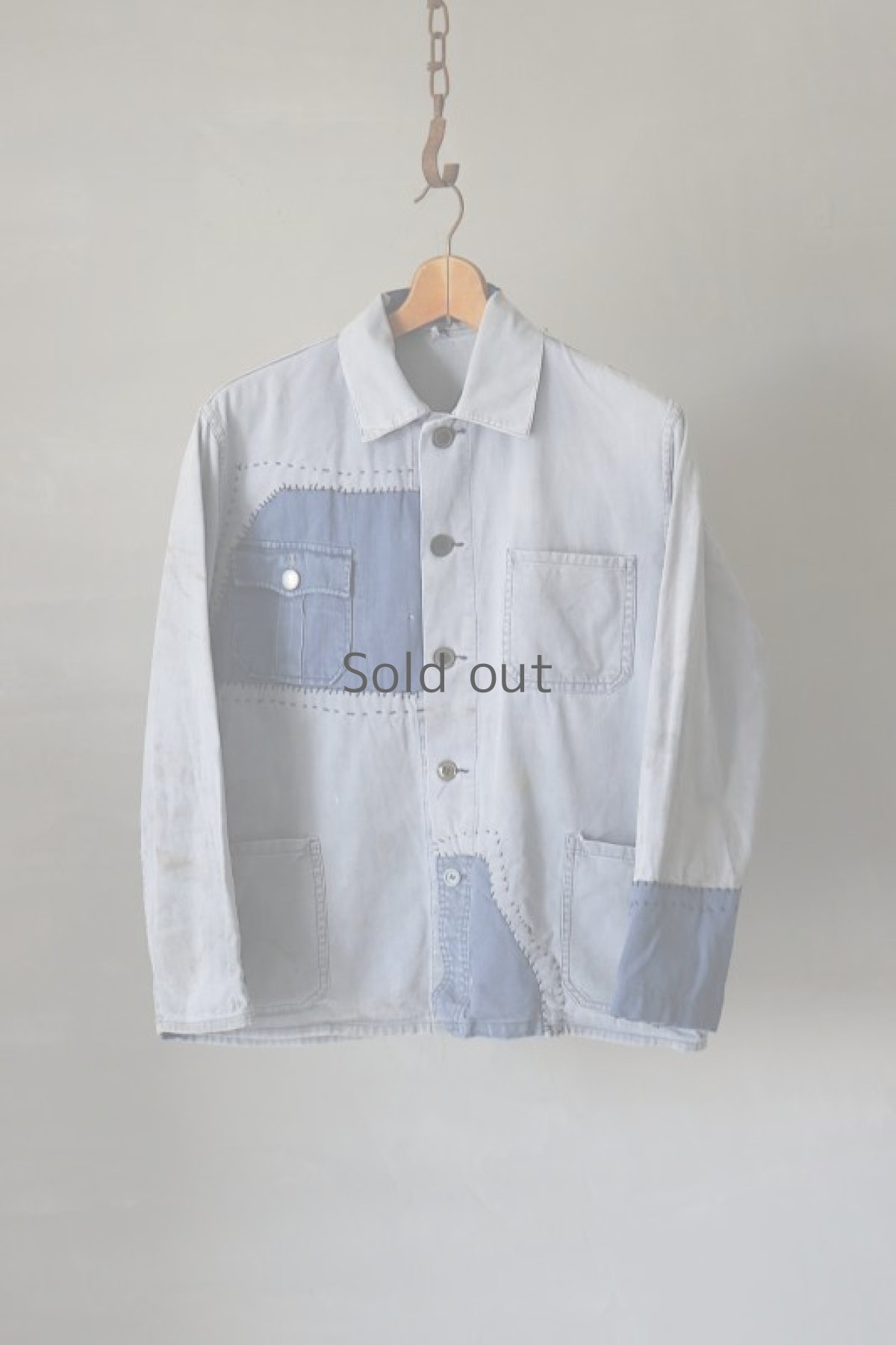 画像2: 【MITSUGU SASAKI】ビンテージリメイク パッチワーク ワークジャケット(ブルーグレー) (2)