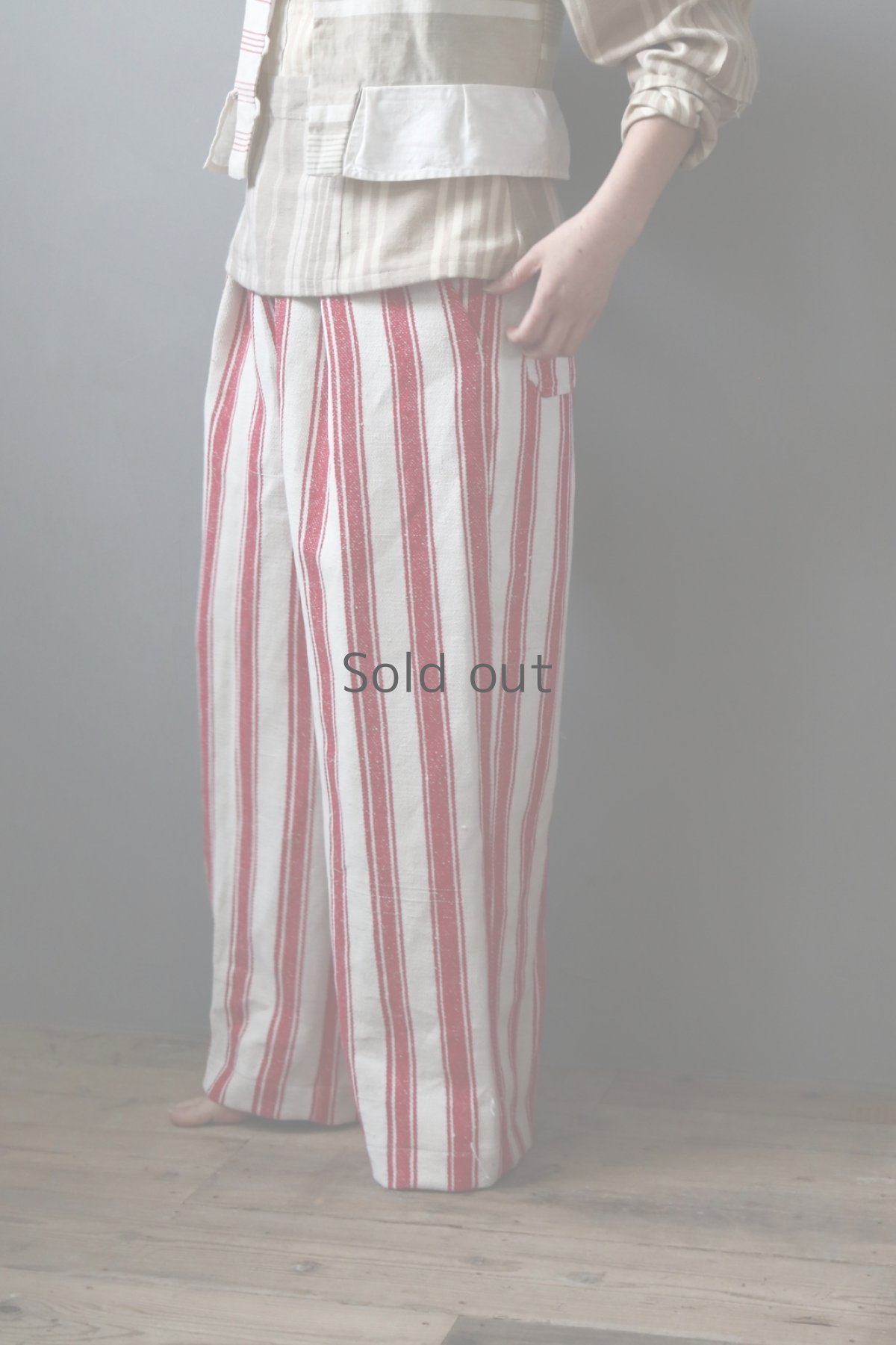 画像4: 【ササキチホ】アンティークリネン　ワイドワークパンツ（赤ストライプ) (4)