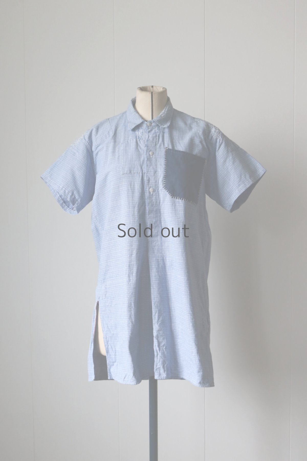 画像3: 【MITSUGU SASAKI】ビンテージリメイク　パッチワーク　半袖プルオーバーシャツ（サックスブルー） (3)