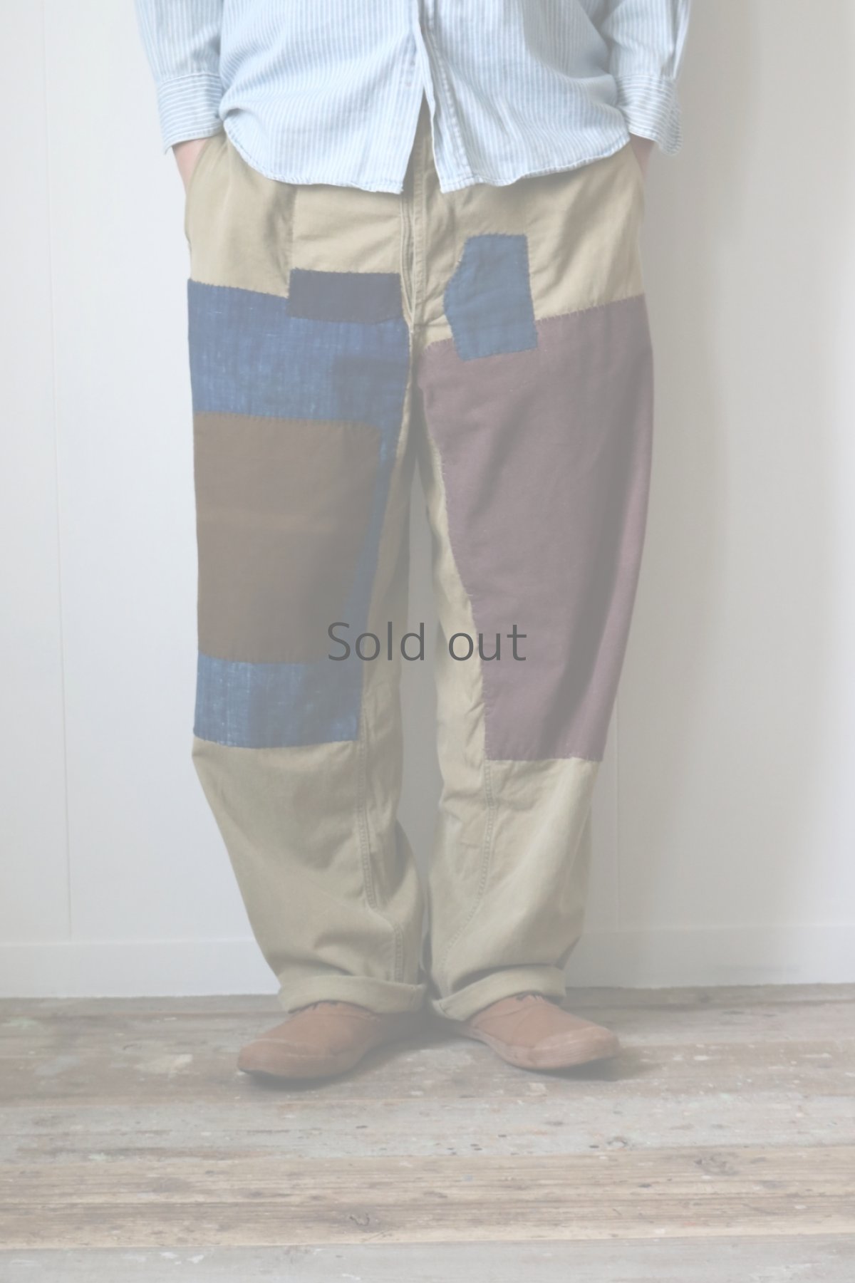 画像13: 【MITSUGU SASAKI】ビンテージリメイク　パッチワーク　ワークパンツ with 藍染木綿（カーキ） (13)