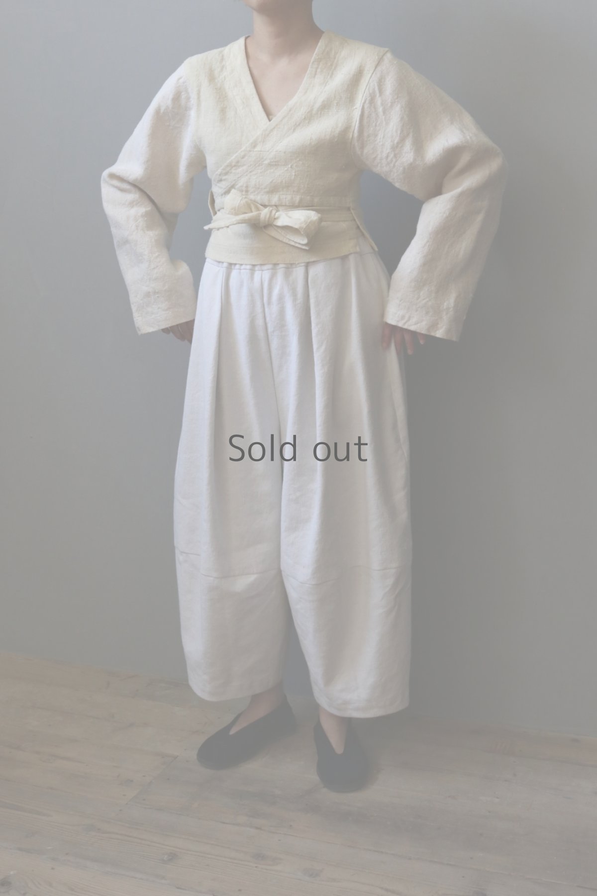 画像3: 【ササキチホ】アンティークリネン　切り替え　バレルパンツ（白） (3)