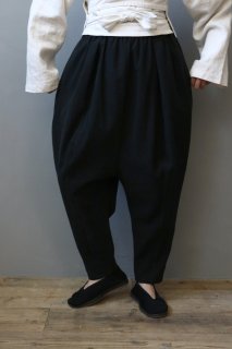 ササキチホ】アンティークリネン×染 切り替えバレルパンツ（黒）